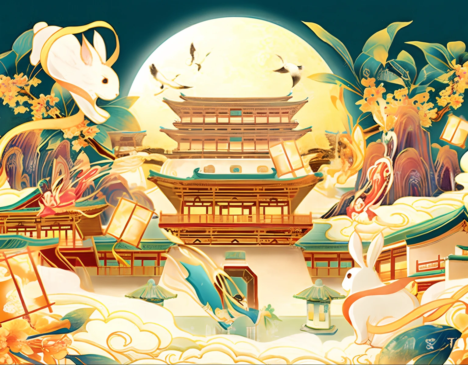 There is a Chinese landscape painting with a moon, A beautiful artwork illustration, Official artwork, author:Jeka Kemp, illustrative art, jen bartel, author:Ni Zan, japanese art on behance, Illustration art, illustration », chinese surrealism, illustratio, Chinese fantasy, By Ni Duan, victo ngai! cmyk palette