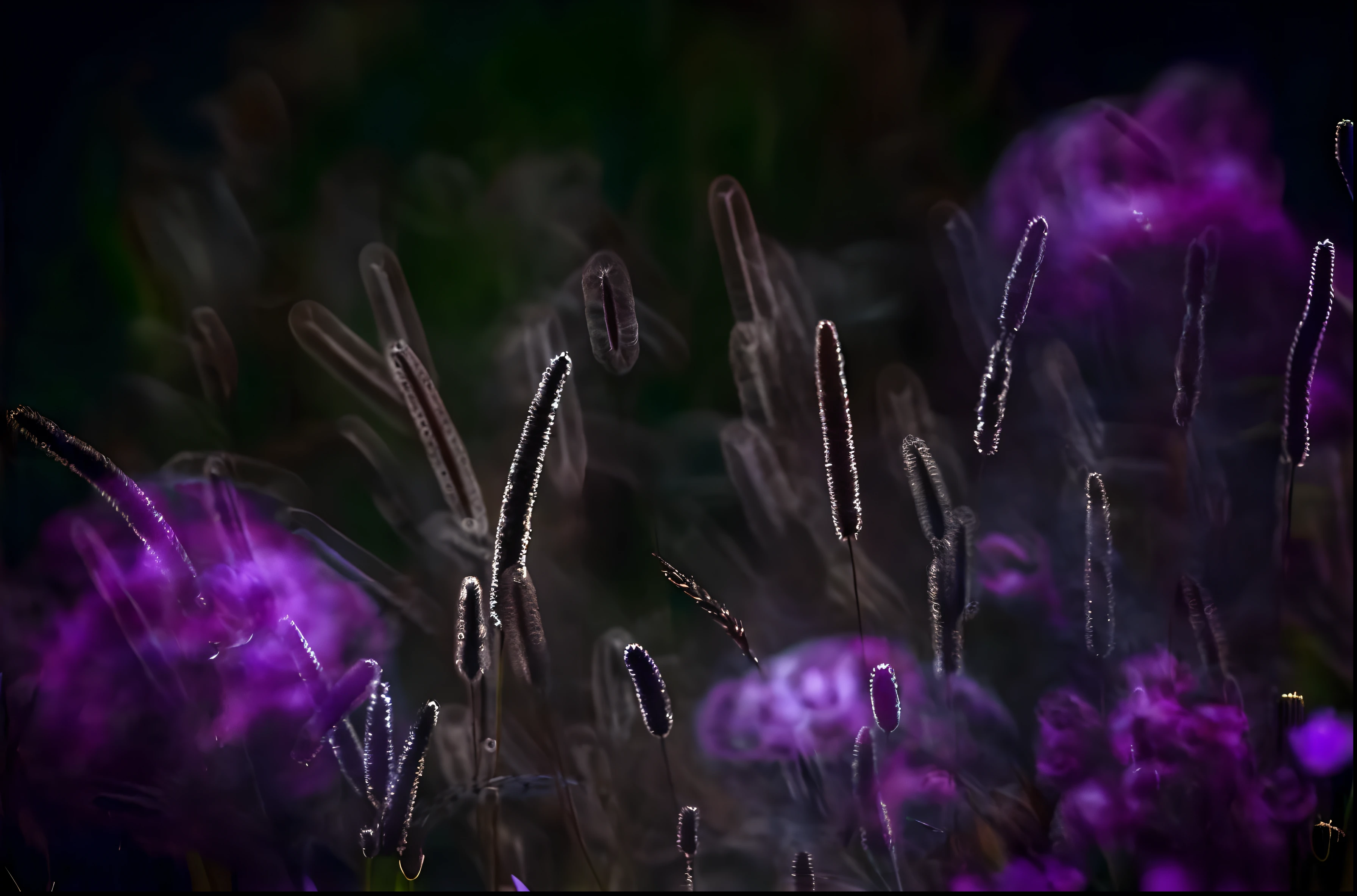 purple flowers in a field with a dark background, field of flowers at night, wildflowers and grasses, twirling glowing sea plants, orton effect intricate, surreal waiizi flowers, bioluminescent plants, dark flowers, glowing flowers, dark moody purple lighting, ethereal soft and fuzzy glow, glowing plants, intricate foreground, moonlight shining on wildflowers, dreamy sequence