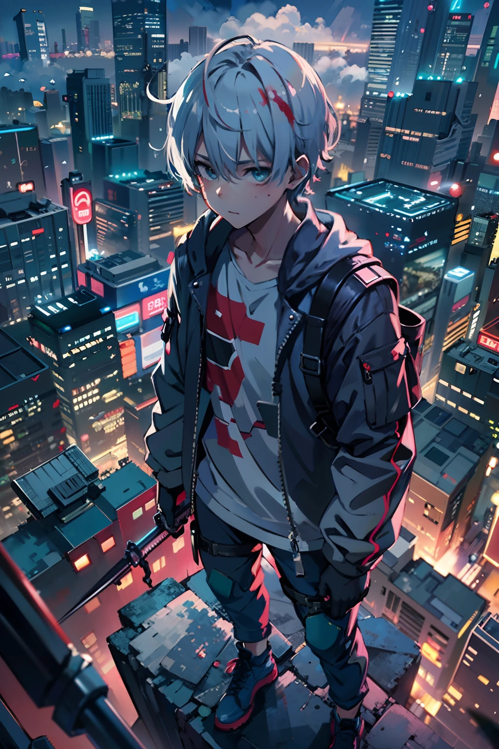 1boy,(a boy:1.5)、Anime-style protagonist、Cyberpunk Boy、silber hair、katanas,machine gun、Whole body bloody、Overhead view of the composition、The beginning of the adventure、Lots of clouds,heavy fog、Moon,Chaotic city of the future、dystopian、Vibrant lighting、Chaotic、Beautiful and fantastic scenery、Cinematic scenery、hightquality、masutepiece,in 8K、hight resolution、