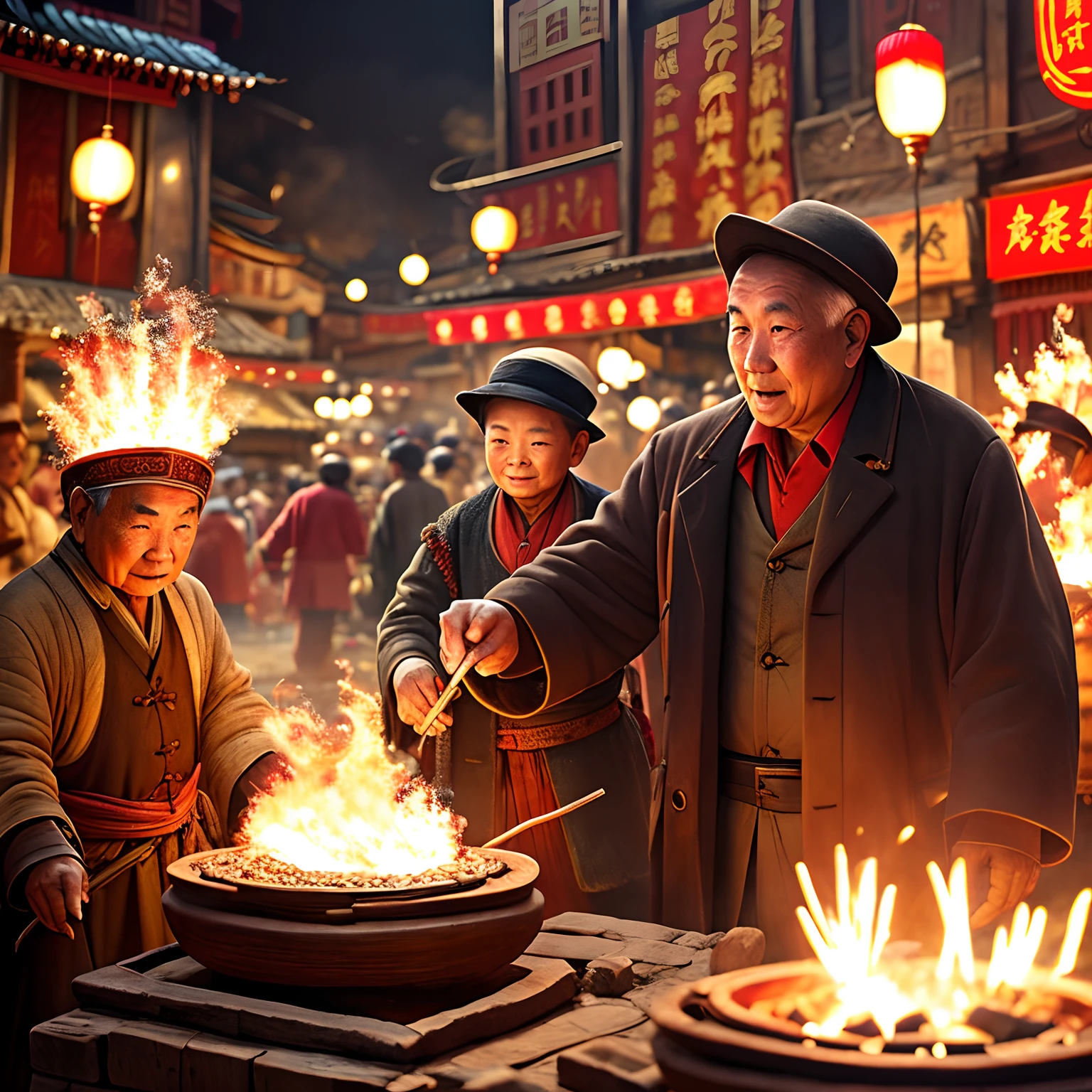 High-definition big scene, aesthetic artistic conception,Ancient Chinese small traders,the street,pyrotechnics,Harmonious atmosphere,Laughter,with people coming and going,Grandpa main body buys things for children