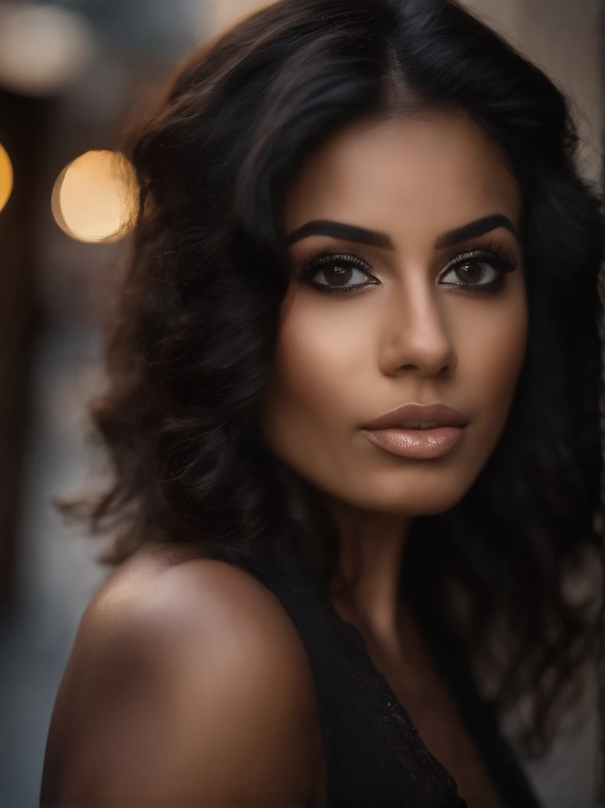 (foco nítido:1.2), fotografia, mulher brasileira jovem atraente, (beautiful face:1.1 arredondado), Olhos detalhados, lush lips, (maquiagem olho de gato:0.85), (olhos grandes preto:1.0), (corpo tonificado:1.2), (cabelos ondulados preto:1.2), (body curvy :1.2), Usando (Quebrar:1.2) em um (Rua:1.2). (Moody Lighting:1.2), profundidade de campo, Bokeh, 4k, HDR. por (Tiago C. Christensen:1.2|Jeremy Lipking:1.1).
