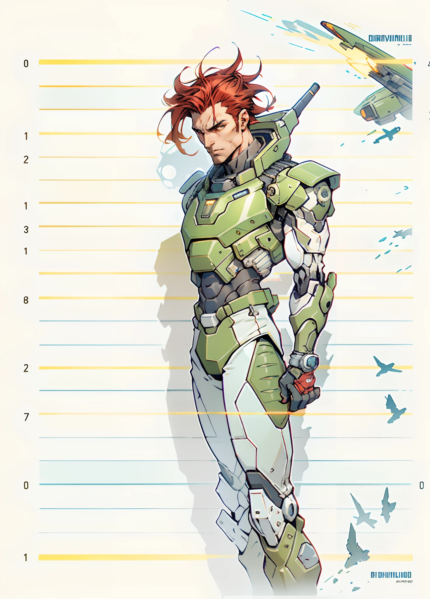 A man with short red-gold hair, hair slicked back, thick and disheveled hair, a cold and ruthless gaze, a confident expression, wears a two-piece futuristic military-style uniform, primarily in shades of white and red, accented by touches of yellow, streamlined wristguard gloves, matching trousers, he stands in a futuristic sci-fi-style hangar housing a colossal mech, stands within a futuristic sci-fi hangar, where a colossal mech is stationed, this character embodies a finely crafted futuristic military officer in anime style, characterized by an exquisite and mature manga illustration art style, high definition, best quality, highres, ultra-detailed, ultra-fine painting, extremely delicate, professional, anatomically correct, symmetrical face, extremely detailed eyes and face, high quality eyes, creativity, RAW photo, UHD, 8k, Natural light, cinematic lighting, masterpiece:1.5