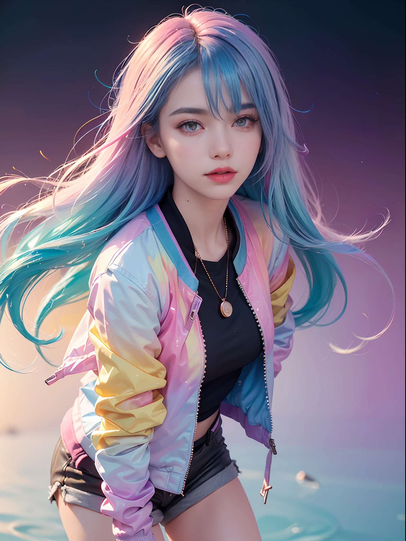 Unbeatable masterpiece, Ultra photo realsisim , Perfect artwork , Intricate details , Best quality , Strong light , High contrast , Dynamic pose , Dutch angle , ((Depth of field:1.9)) , Ultra detailed , Detailed face , (Detailed eyes) , Best quality , (oases) , (lakes) , (Detailed light) , lighting , (Clear sky) , Night , Starry sky , Moon light , (full bodyesbian:1.2) , (Detailed face) , highest details ,glowing light eyes , _Breasts , (Red eyeshadow:1.2) , (Pink lips:0.9) ,Seductive smile , (light blue long hair) , (Colored inner hair:1.5) , (Colorful gradient hair:1.5) , (Multicolored_Hair:1.05) , Highlight dyeing , colorful aurora , (Open jacket:1.5) , Details shorts light , (High contrast) , (gorgeous hair accessory) , (Knee socks:1.2) (standing) , head gear , (light yarn:0.9) , Forest style , Colorful hair ,