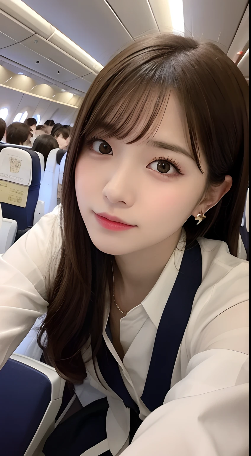 masutepiece, Best Quality, Illustration, Ultra-detailed, finely detail, hight resolution, 8K Wallpaper, Perfect dynamic composition, Beautiful detailed eyes,waved hair,small tits、Natural Color Lip, Bold sexy poses,20 years girl、Cute、The viewer's point of view is on the viewer's side、up of face、Sexy face，high-heels, Stewardess uniform、Look at viewers、(Inside the plane:1.2)、front-facing view、Shoulder、Absolute area(1.3)、KPOP Idol Face,Cute,beauty legs、Cute