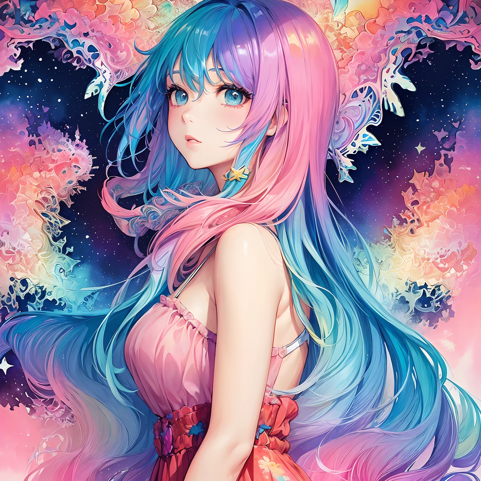 (Masterpiece, Top Quality, Best Quality, watercolour (medium), official arts, Beauty and Aesthetics: 1.2), (a 1girl: 1.3), (s fractal art: 1.3), clean background, Background, full - body, gaze at the viewer, (rainbow hair, Colored hair, half blue and half pink long hair: 1.2), a closeup of a