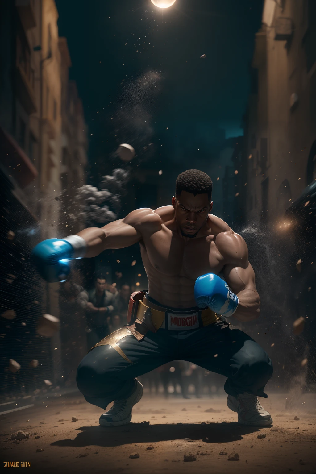 Black man punching his shadow on the ground, aggressive punch that disperses dust in the air, dust particles floating in air, action movie scene fight, john woo movie, zack snyder movie, Christopher Nolan movie, moonlight reflecting on the dust particles, with iridescent light, photorealistic image, 32k, ultra HD, cinematic lighting, artgerm style --auto --s2