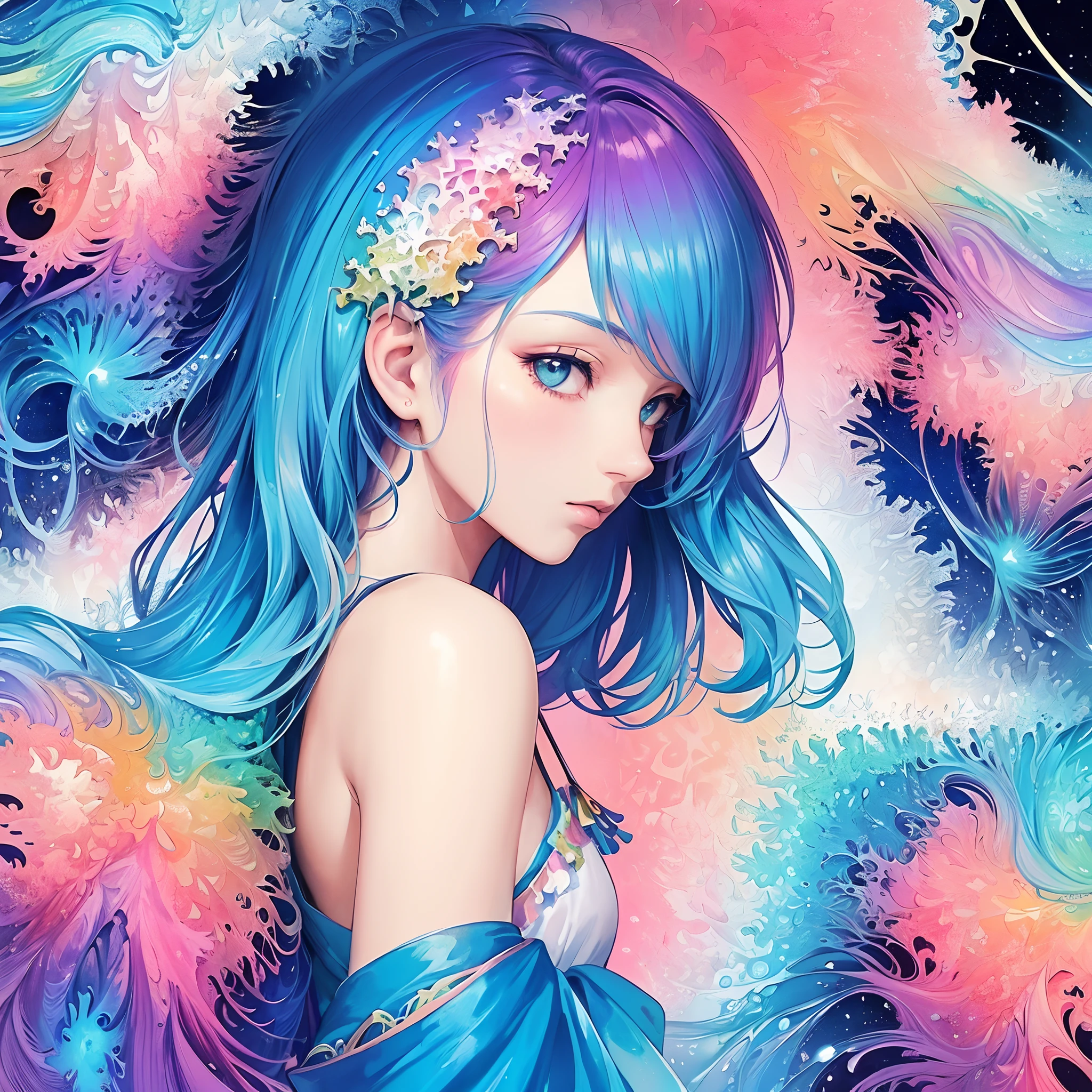 (masterpiece, top quality, best quality,watercolor (medium),official art, beautiful and aesthetic:1.2),(1girl:1.3), (fractal art:1.3),upper body, from side, looking at viewer,patterns,(rainbow color Hair,colorful hair,half blue and half pink hair:1.2),water,liquid, cloud,colorful, starry,stars,