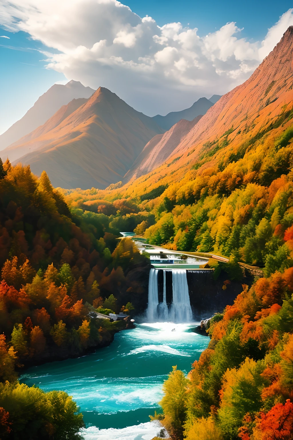 tmasterpiece,Ultimate quality,CG unity 8k wallpaper,Super delicate,Beautiful skies and clouds,Rich natural scenery,Xinjiang autumn,Lakes and rivers,Waterfall flying water,Aoyama is beautiful,Nowhere to be seen,Excellent view,A long-won photo contest,Background bokeh,The depth of field is full,HDR high dynamics,True restore,iintricate,Attention to detail,Dramatic,The perfect presentation of Midjourney's artistic style。