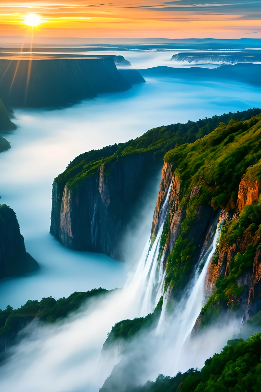 Masterpiece, ultimate quality, Cg unity 8k wallpaper, super delicate, beautiful sky and clouds, rich natural scenery, cliffs, lakes and rivers, waterfalls and flying water, beautiful green mountains, no trace of people, excellent scenery, has already won a photo contest, background Blurring, full depth of field, HDR high dynamics, true restoration, intricate, extreme details, dramatic presentation, perfectly presenting the style of midjourney art.