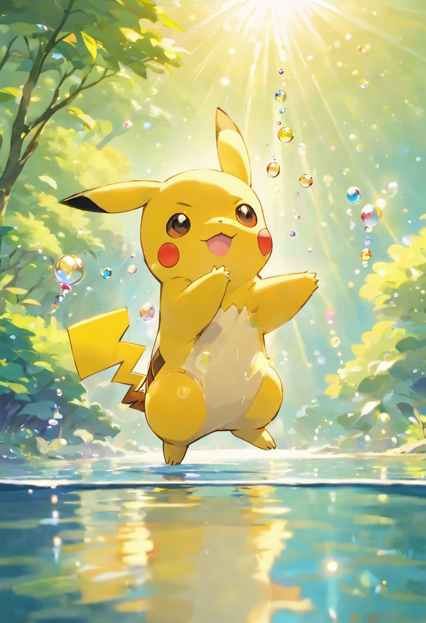 A touching scene in ultra-high definition 3D showcasing Pikachu making a wish beside a tranquil lake. Pikachu, beautifully rendered in detail, is seen gently blowing bubbles into the air, each one carrying a hopeful wish. The bubbles catch the reflection of the setting sun, creating a dreamy, magical effect. The overall atmosphere is tender, filled with hope and serenity