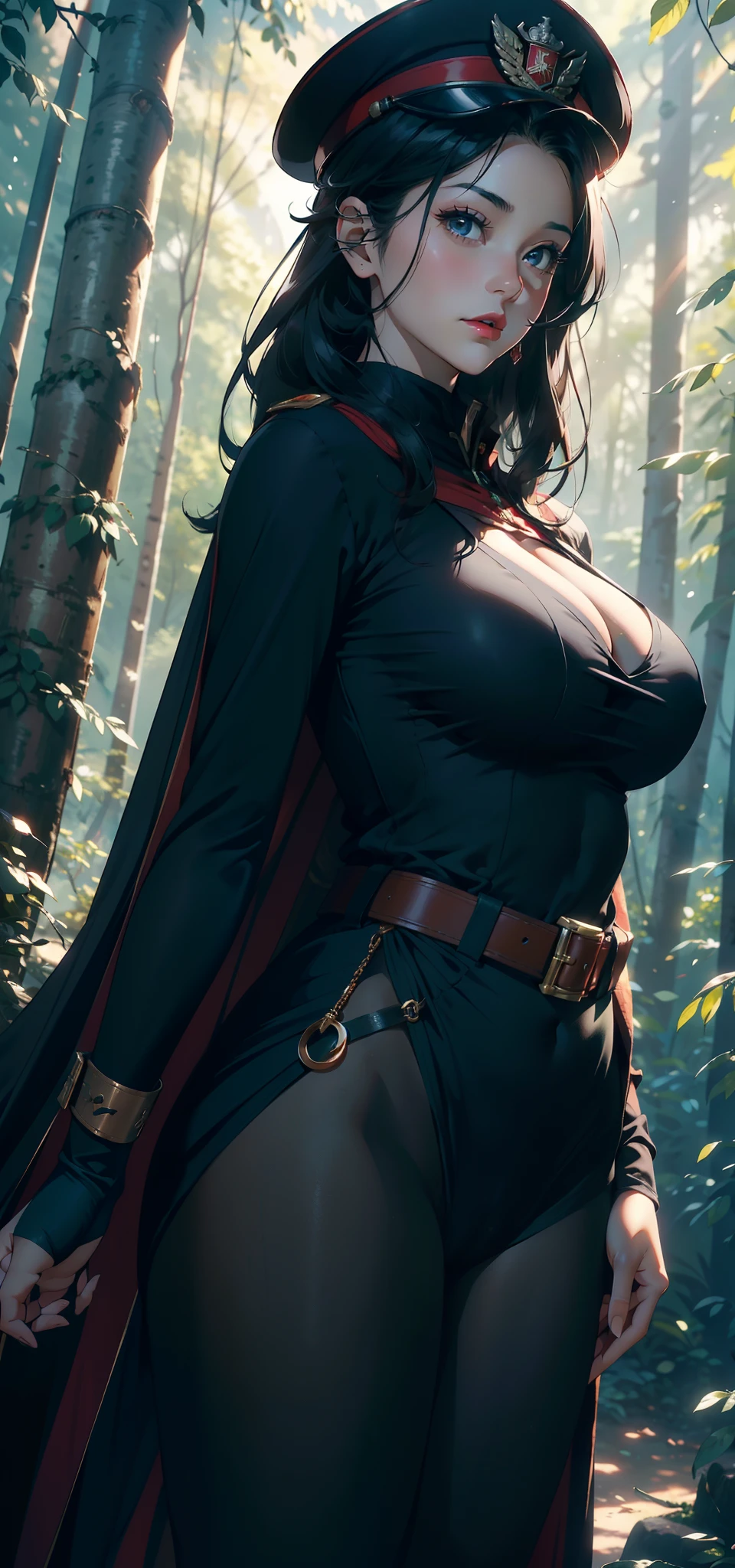 1female,41 years old,熟妇,A MILF ,Married Woman, mature,plumw,extremely large bosom ,Pornographic exposure, 独奏,(Background with:stunning view,Birch forest,city ruins,There is a lot of war)Snow-white skin, She has short black hair,Stand deep in the forest,seen from the front, hair straight,(((tmasterpiece),(Very detailed CG unity 8K wallpaper),best qualtiy,cinmatic lighting,detailed back ground,beatiful detailed eyes,Bright pupils,Redlip(Very fine and beautiful),(Beautiful and detailed eye description),ultra - detailed,tmasterpiece,)),facing at camera,A high resolution,ultra - detailed),revealing breasts,Bare genitalia, Bulge,legs are open,Raised sexy,Camel toes,Flushed complexion,Soviet Red Army,frontage,military hat(Wearing:in dark green cape,Officer uniform,Tactical belt,Black tights)hand gun