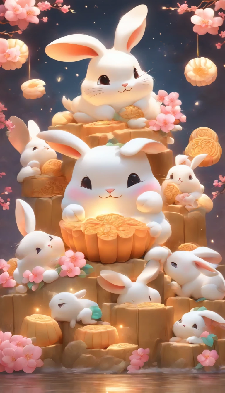 themoon，Sit on mooncakes and admire the two cute rabbits of peach blossoms, Ultra-fine details, photo-realistic, A high resolution, Vibrant colors, with its soft fur, Fluffy tail, Small pink nose, Sparkling eyes, Round ears, Chubby body, White and gray fur, Vibrant peach blossoms,Crispy mooncakes，Golden yellow shell, Decorative pattern on mooncakes, Rabbit's reverent gaze, Playful interaction between rabbits, Moonlight is reflected on their fur, Subtle starry sky in the background, A scene full of harmony and balance, A sublime setting full of tenderness and beauty，mid-autumn festival