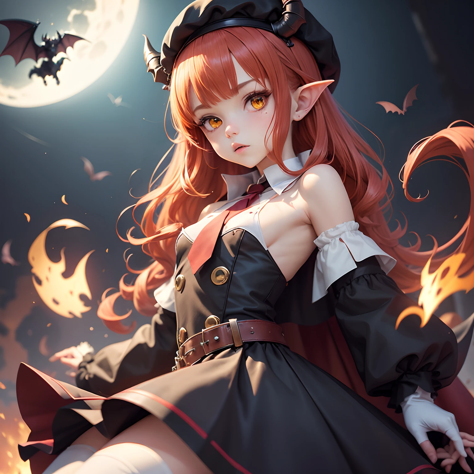 masutepiece, Best Quality, 1girl in, Solo, Yellow eyes, Red hair, tiny chest, Demon Girl, demon tail, Demon Wings, small demonic horns, pointy ear, (tiny chest), (flat chest), Twin-tailed, Bat hair ornament, Cape, White shirt, White legwear, stuffed toy, plushies, beret, gloves, Bangs, hat