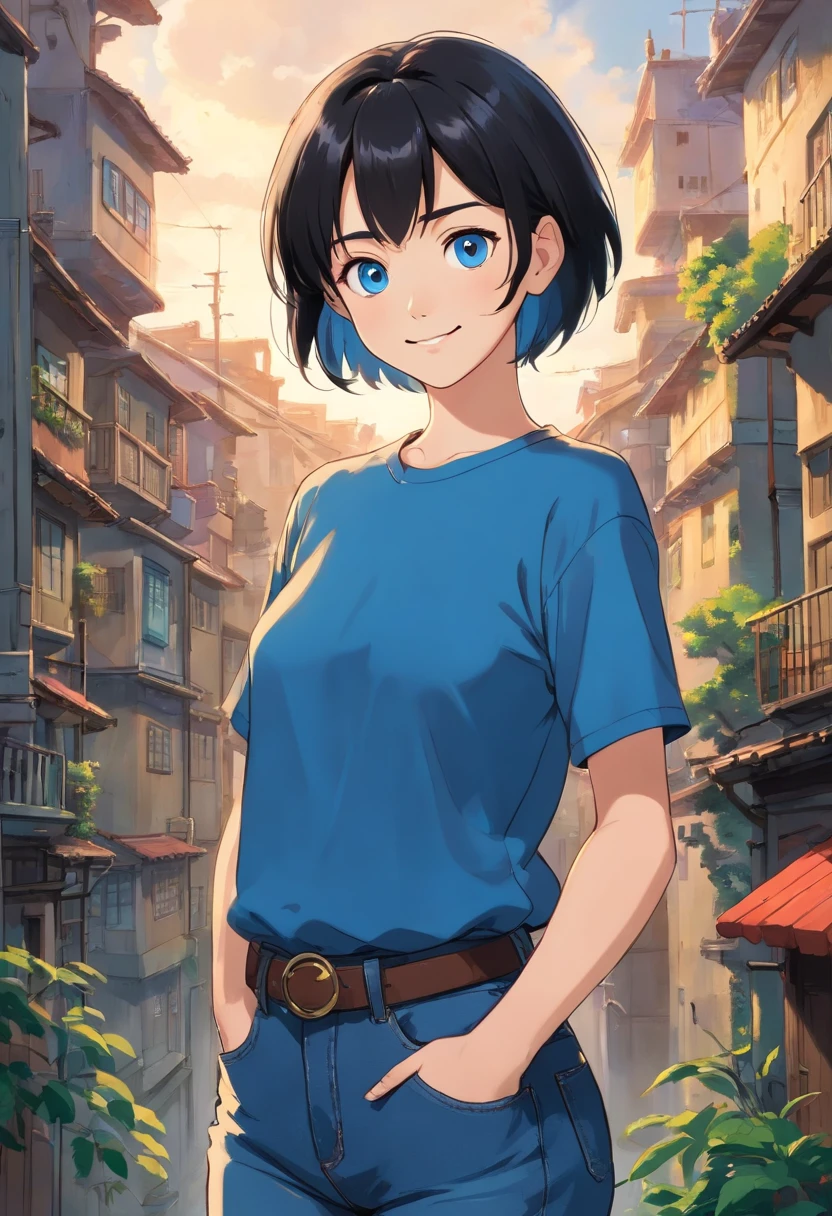 A young woman, black short hair, blue eyes, Black T-shirt, beatiful face, big breastes, blue jeans, smile on face, Eyes looking at the camera, Apartment in the background