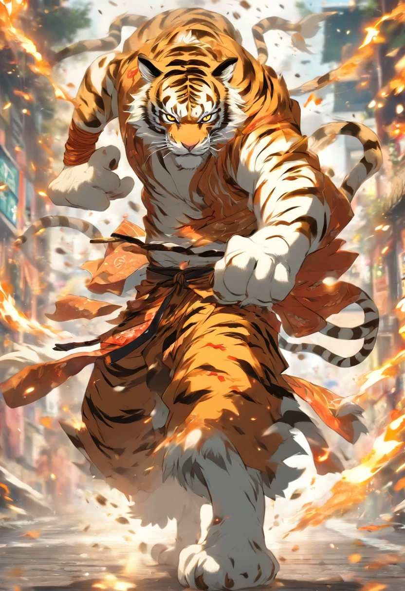 Tiger monk in combat kimono, in a fighting posture, On the road, to stand, White Tiger, humenoid body