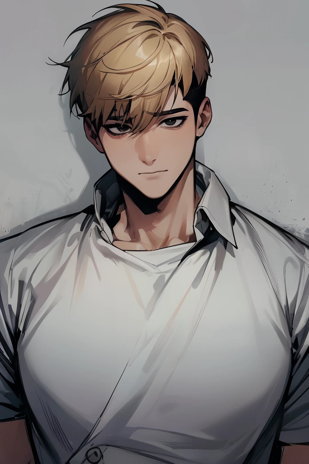 1boy, black_eyes, shirt, male focus, solo, upper body , blonde hair, oh sangwoo, bangs,  :/,  black hair, bags_under_eyes, undercut, empty eyes, Killing Stalking, slim body, serious  expression