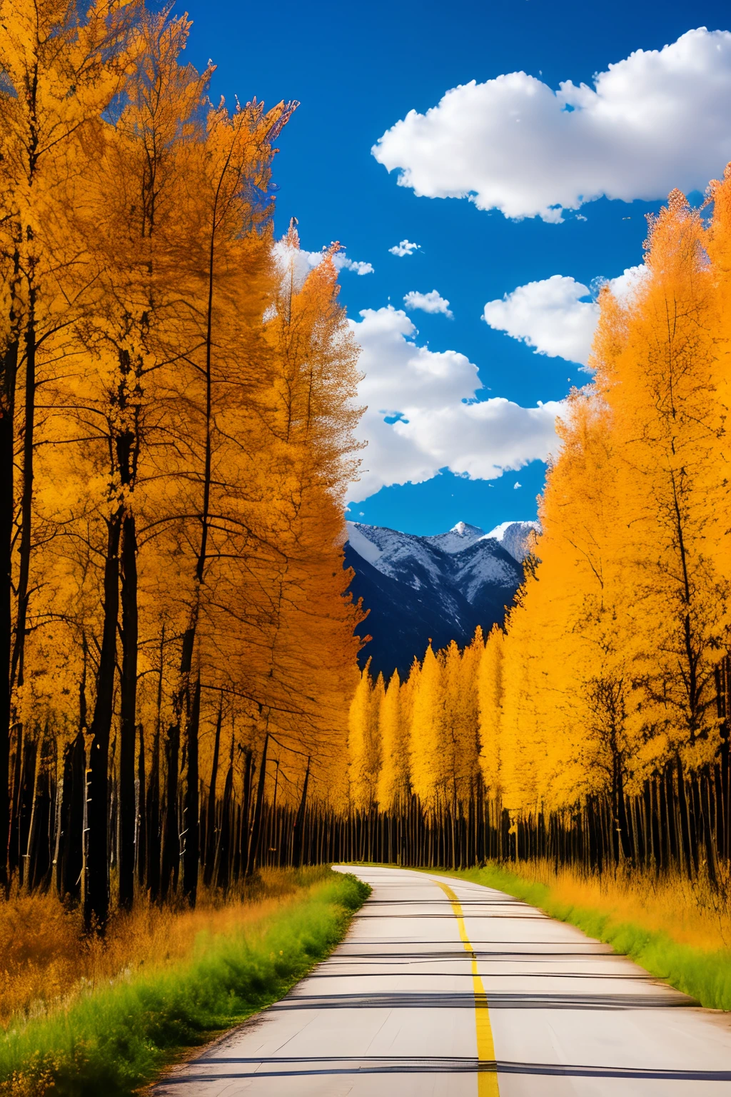 tmasterpiece，Ultimate quality，CG unity 8k wallpaper，Super delicate，Beautiful skies and clouds，Rich natural scenery，Autumn in Xinjiang，highways，Birch forest，snow mountains
