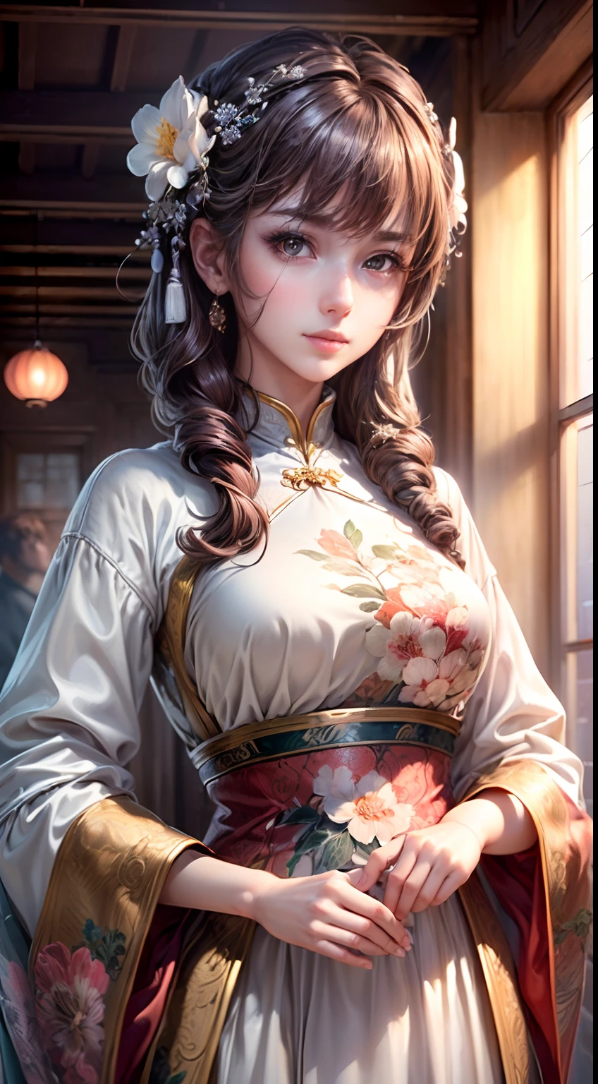 (Best quality, Masterpiece, Extremely detailed CG, Game CG:1.5), full bodyesbian,1 girl,An extremely delicate and beautiful girl, Extremely detailed eyes and face, beautiful detailed glow,Lagasprín，on cheongsam，Medium breast, illustration, Cinematic lighting, Best shadow,(White background:1.3)