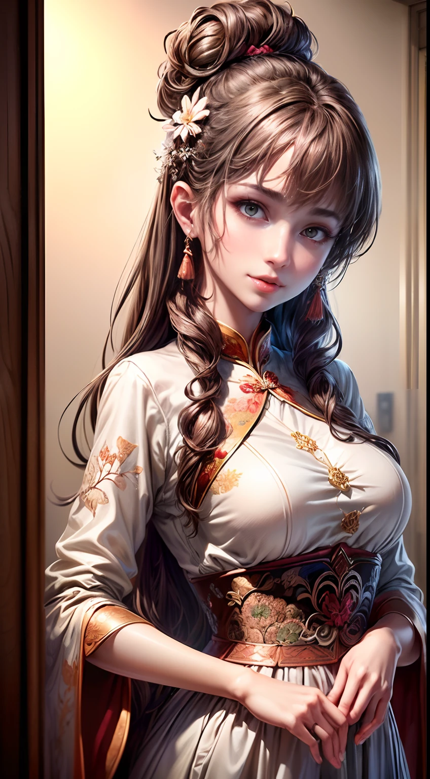 (Best quality, Masterpiece, Extremely detailed CG, Game CG:1.5), full bodyesbian,1 girl,An extremely delicate and beautiful girl, Extremely detailed eyes and face, beautiful detailed glow,Lagasprín，on cheongsam，Medium breast, illustration, Cinematic lighting, Best shadow,(White background:1.3)