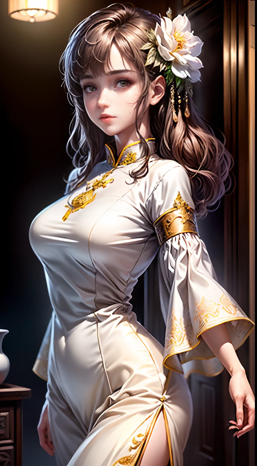 (Best quality, Masterpiece, Extremely detailed CG, Game CG:1.5), full bodyesbian,1 girl,An extremely delicate and beautiful girl, Extremely detailed eyes and face, beautiful detailed glow,Lagasprín，on cheongsam，Medium breast, illustration, Cinematic lighting, Best shadow,(White background:1.3)