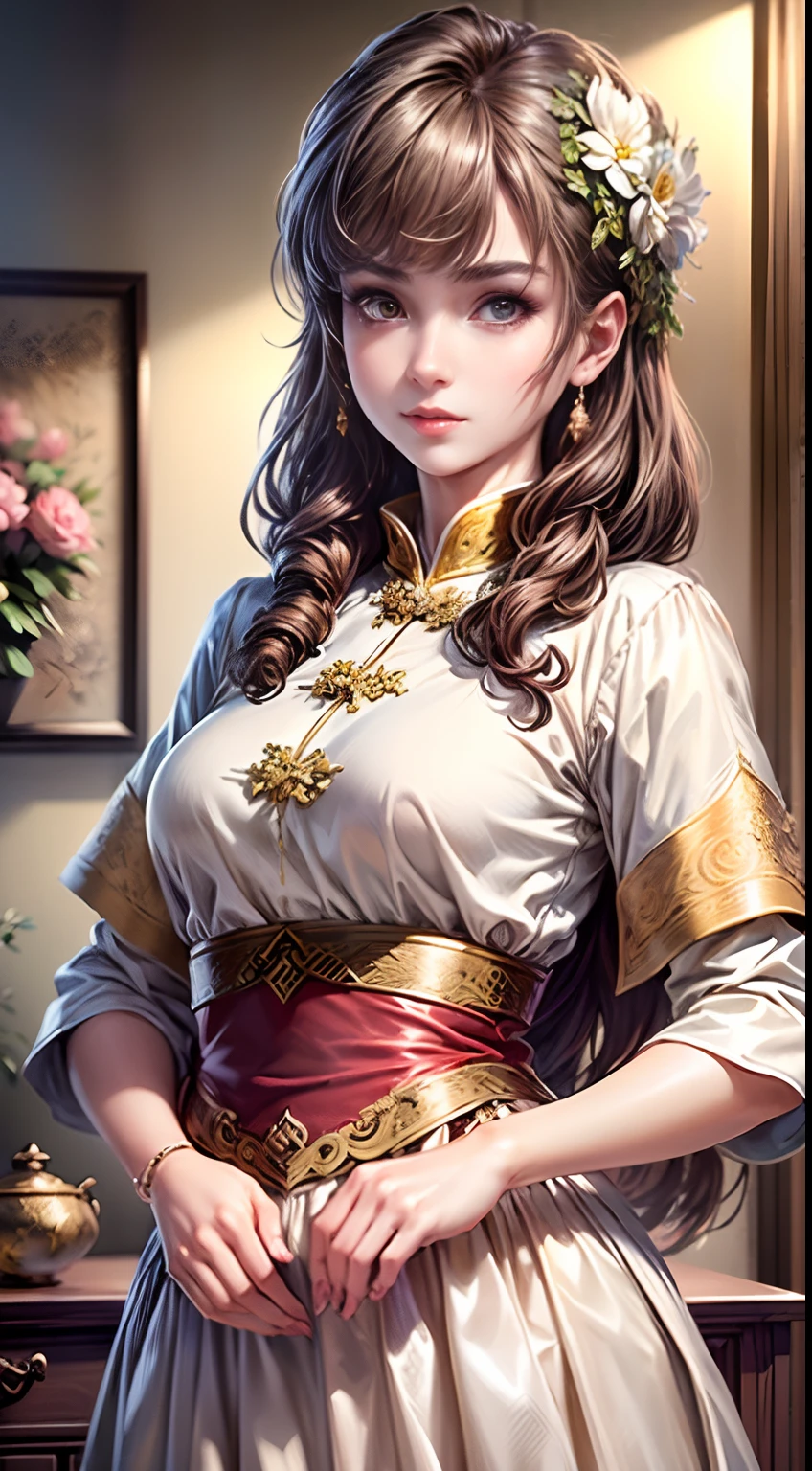 (Best quality, Masterpiece, Extremely detailed CG, Game CG:1.5), full bodyesbian,1 girl,An extremely delicate and beautiful girl, Extremely detailed eyes and face, beautiful detailed glow,Lagasprín，on cheongsam，Medium breast, illustration, Cinematic lighting, Best shadow,(White background:1.3)