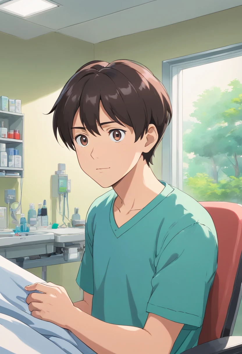 Short-haired young man,physiotherapist, In the rehabilitation room, colorful animation stills,A dark-haired, Casey, Honest portrayal、rightward