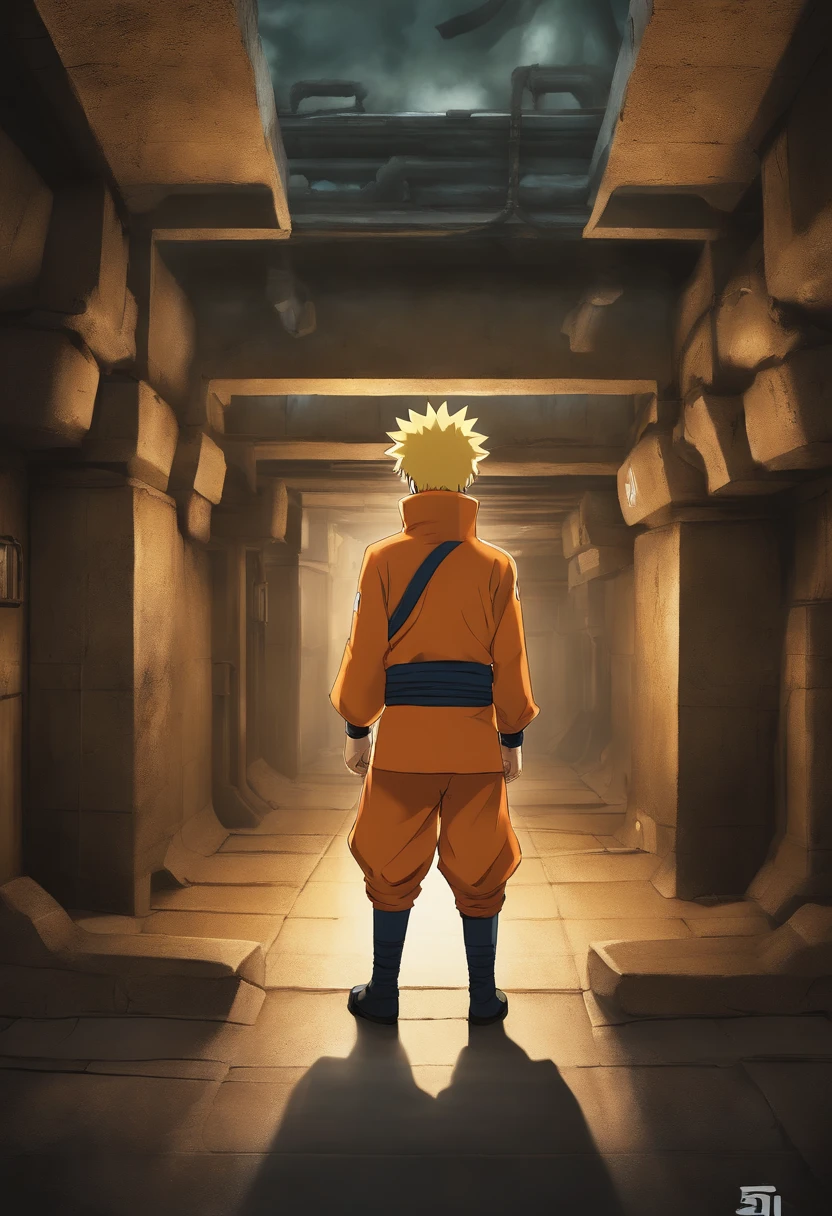 (best-quality:0.8), (best-quality:0.8), perfect anime illustration, A cinematic scene unfolds in an underground base. The dimly lit room is filled with an air of anticipation. In the center of the frame stands Naruto Uzumaki, the iconic hero of the Naruto series. He is dressed in his vibrant orange gi, symbolizing his fiery determination. Naruto's cheerful smile lights up his face as he directly looks towards the camera, inviting the viewer into his world. The atmosphere is tinged with mystery and excitement. The walls of the underground base are adorned with technological elements, hinting at the advanced nature of the hidden facility. The composition of the scene highlights Naruto as the focal point, capturing his vibrant personality and unwavering spirit. The background is meticulously crafted, with subtle details that add depth to the image. Shadows dance on the walls, casting an intriguing ambiance. The contrasting colors of the underground base, a blend of cool blues and deep grays, create a moody atmosphere. The image is captured from a low camera perspective, adding to the dramatic effect, anime, novel cover