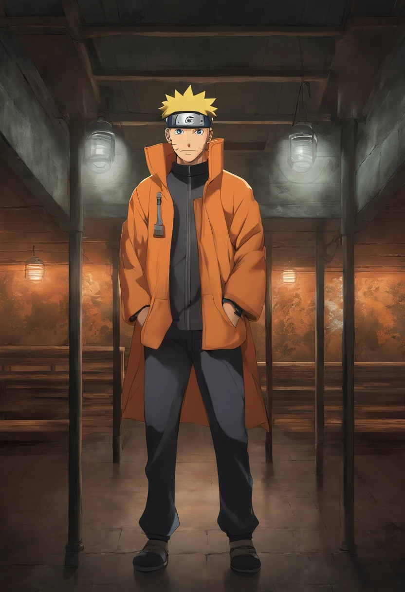 (best-quality:0.8), (best-quality:0.8), perfect anime illustration, A cinematic scene unfolds in an underground base. The dimly lit room is filled with an air of anticipation. In the center of the frame stands Naruto Uzumaki, the iconic hero of the Naruto series. He is dressed in his vibrant orange gi, symbolizing his fiery determination. Naruto's cheerful smile lights up his face as he directly looks towards the camera, inviting the viewer into his world. The atmosphere is tinged with mystery and excitement. The walls of the underground base are adorned with technological elements, hinting at the advanced nature of the hidden facility. The composition of the scene highlights Naruto as the focal point, capturing his vibrant personality and unwavering spirit. The background is meticulously crafted, with subtle details that add depth to the image. Shadows dance on the walls, casting an intriguing ambiance. The contrasting colors of the underground base, a blend of cool blues and deep grays, create a moody atmosphere. The image is captured from a low camera perspective, adding to the dramatic effect, anime, novel cover