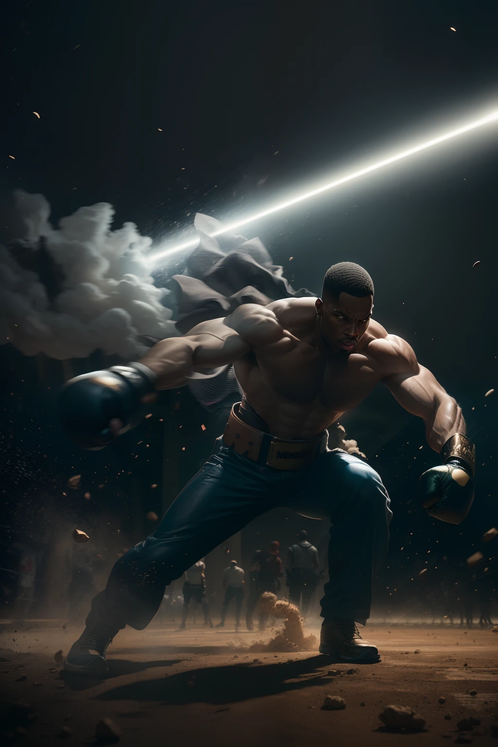 Black man punching his shadow on the ground, aggressive punch that disperses dust in the air, dust particles floating in air, action movie scene fight, john woo movie, zack snyder movie, Christopher Nolan movie, moonlight reflecting on the dust particles, with iridescent light, photorealistic image, 32k, ultra HD, cinematic lighting, artgerm style --auto --s2