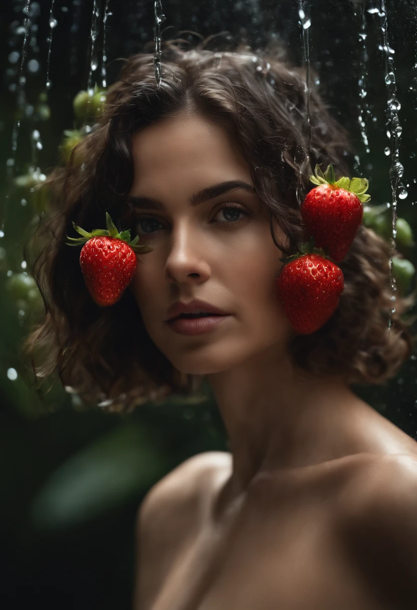 Umamulher em um vestido  fino, cabelos molhados, Chuva de frutas, Foto do produto de morango,uva,Kiwi falling into the water,As roupas estavam encharcadas de chuva, A pele fica exposta, messy hair, nariz blush, High detail, Close-up,oto RAW cinematic，foto ultra real，Ultra foto Realsisim，Digital SLR，soft lighting，、Drippy、Splash clear liquid、water bloom，dynamic compositions，(master part) (melhor qualidade) (circunstanciado) (Cinematic lighting) (foco nítido) (intrincado), master part, melhor qualidade, ultra-highresolution, 8k UHD,olhos detalhados_Xl, Detalhador Furtástico