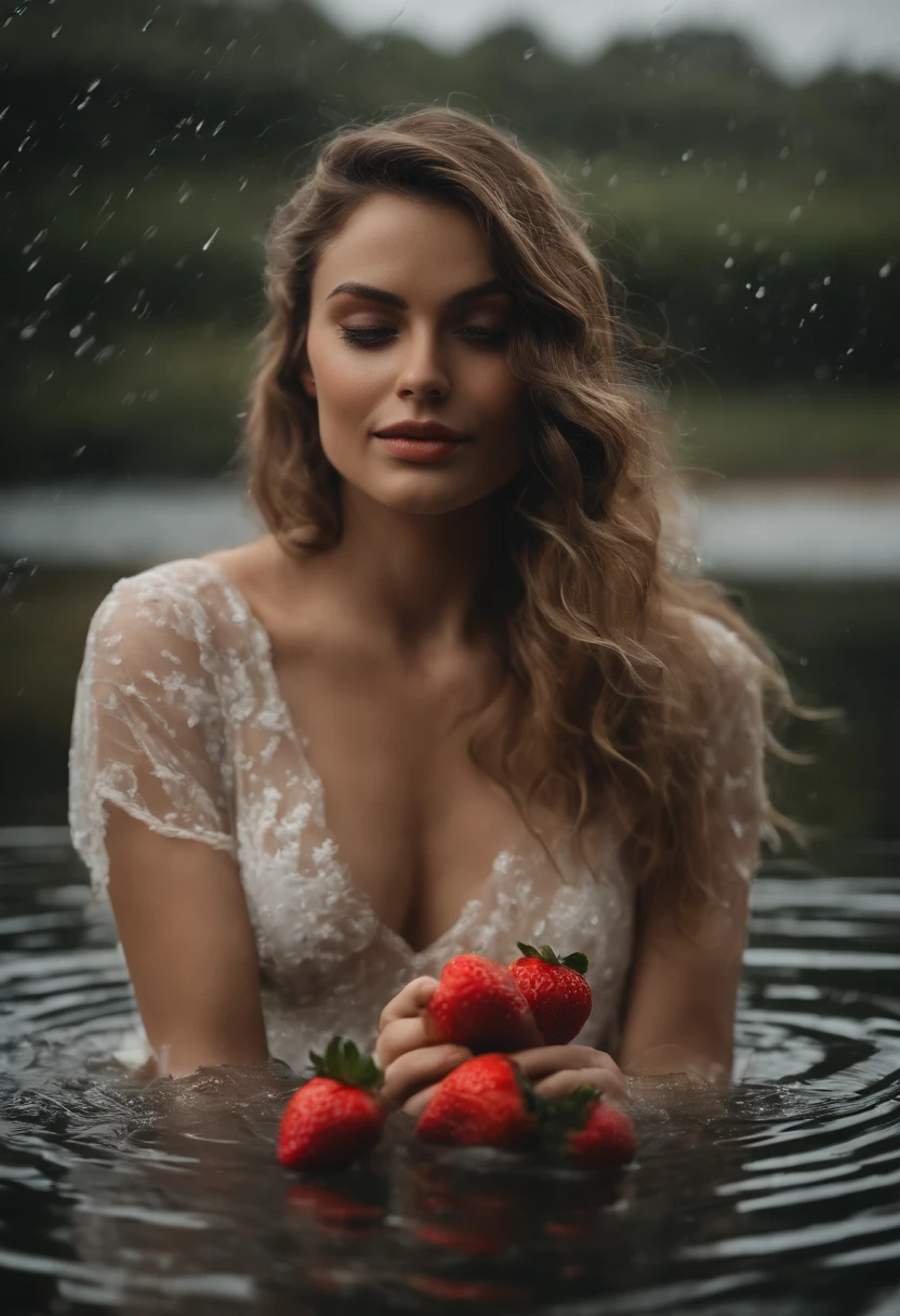 Uma beleza em um vestido branco fino, cabelos molhados, Rain of underwear, As roupas estavam encharcadas de chuva, A pele fica exposta, messy hair, nariz blush, High detail, Close-up,oto RAW cinematic,foto ultra real,Ultra foto Realsisim,Digital SLR,soft lighting,Product photo of 5 strawberries falling into the water、Drippy、Splash clear liquid、water bloom,dynamic compositions,(master part) (melhor qualidade) (circunstanciado) (Cinematic lighting) (foco nítido) (intrincado), master part, melhor qualidade, ultra-highresolution, 8k UHD,olhos detalhados_Xl, Detalhador Furtástico