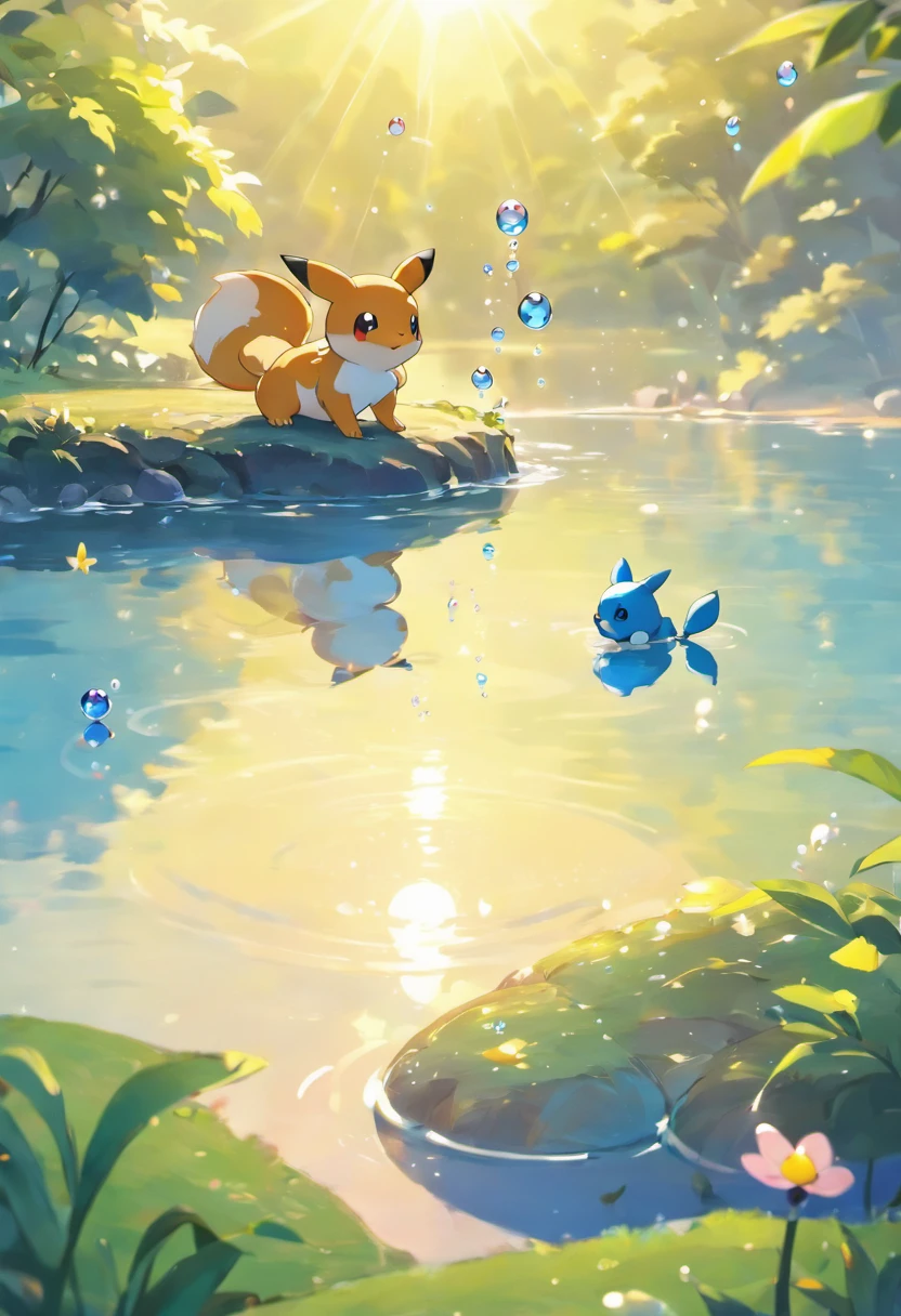 A touching scene in ultra-high definition 3D showcasing squirtal making a wish beside a tranquil lake. Squirtal, beautifully rendered in detail, is seen gently blowing bubbles into the air, each one carrying a hopeful wish. The bubbles catch the reflection of the setting sun, creating a dreamy, magical effect. The overall atmosphere is tender, filled with hope and serenity