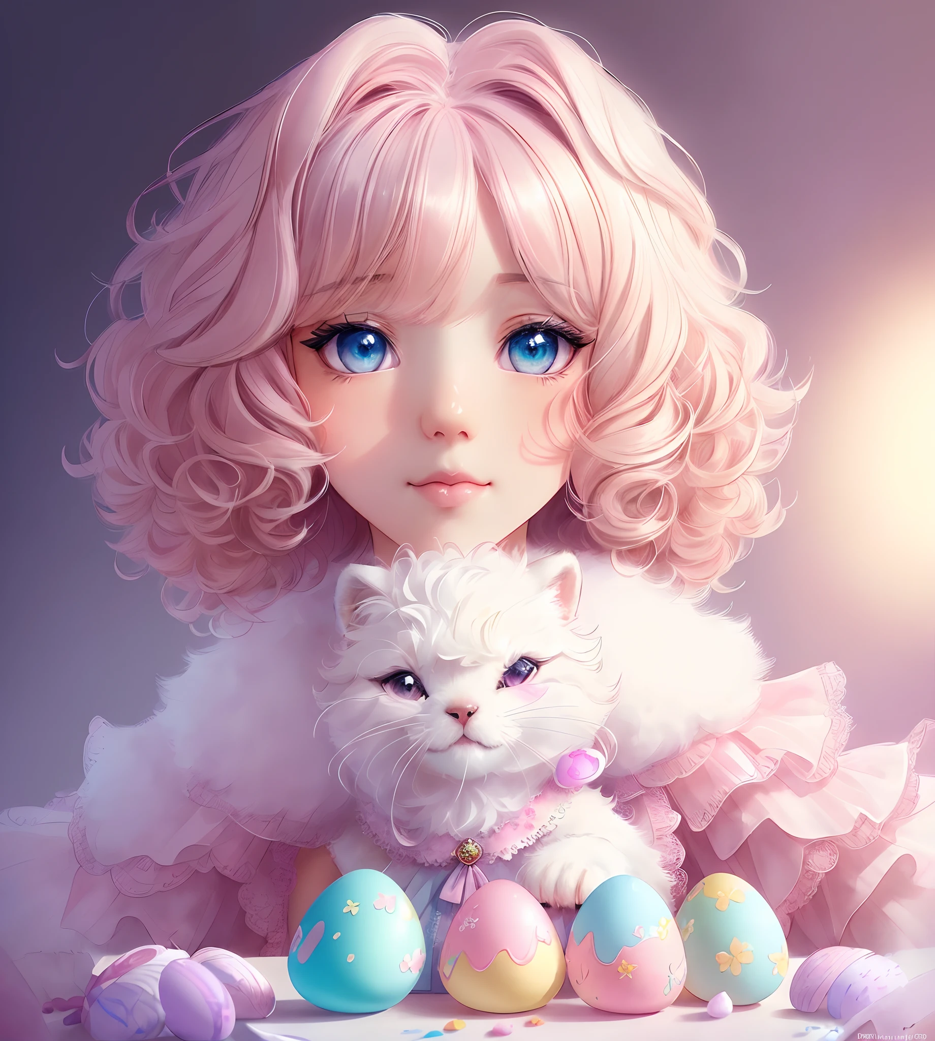 Beautiful animal poodle with dreamy eyes, volumetric lighting, hyper realistic, intricate details, illustration, drawing, watercolor, kawaii chibi, eating easter eggs, wow! , shallow depth of field, soft palette, soft light, minimalist, modern, digital painting, by lois van baarle and ross tran and artgerm, trending on Artstation HQ, very detailed