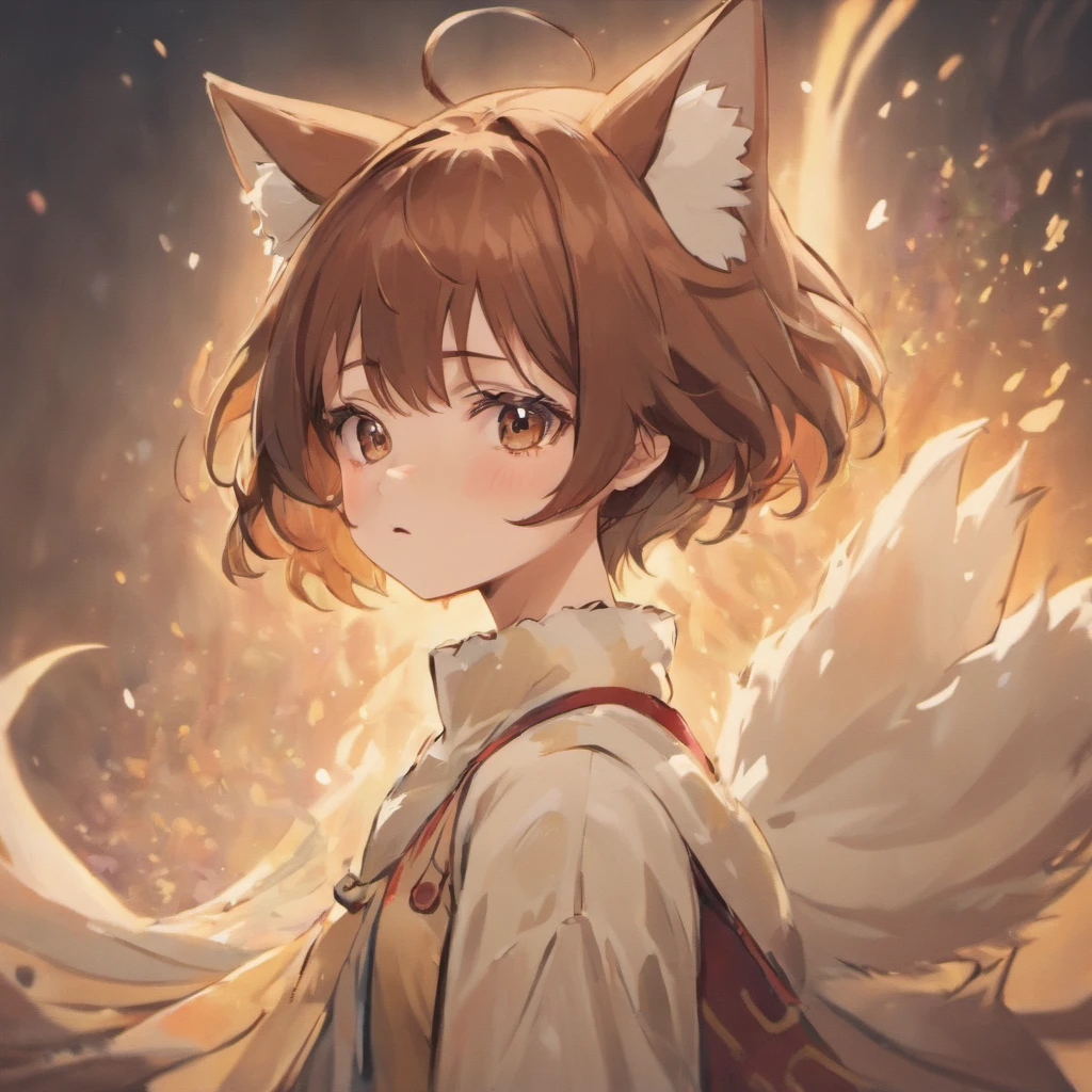 Kitsunj Girl Short Brown Hair, White fox ears, 6 white fox braggarts with a red end, left eye white right cherey