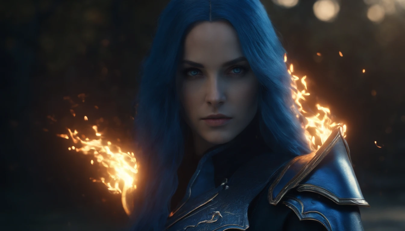 Front view, A girl with long  blue hair, blue eyes, dark blue clothes. with lightning and fire Powers. Knight. ( 1:1, octane render, hyper-detailed, 3D render, cinematic render, HDR, UHD, 4K)