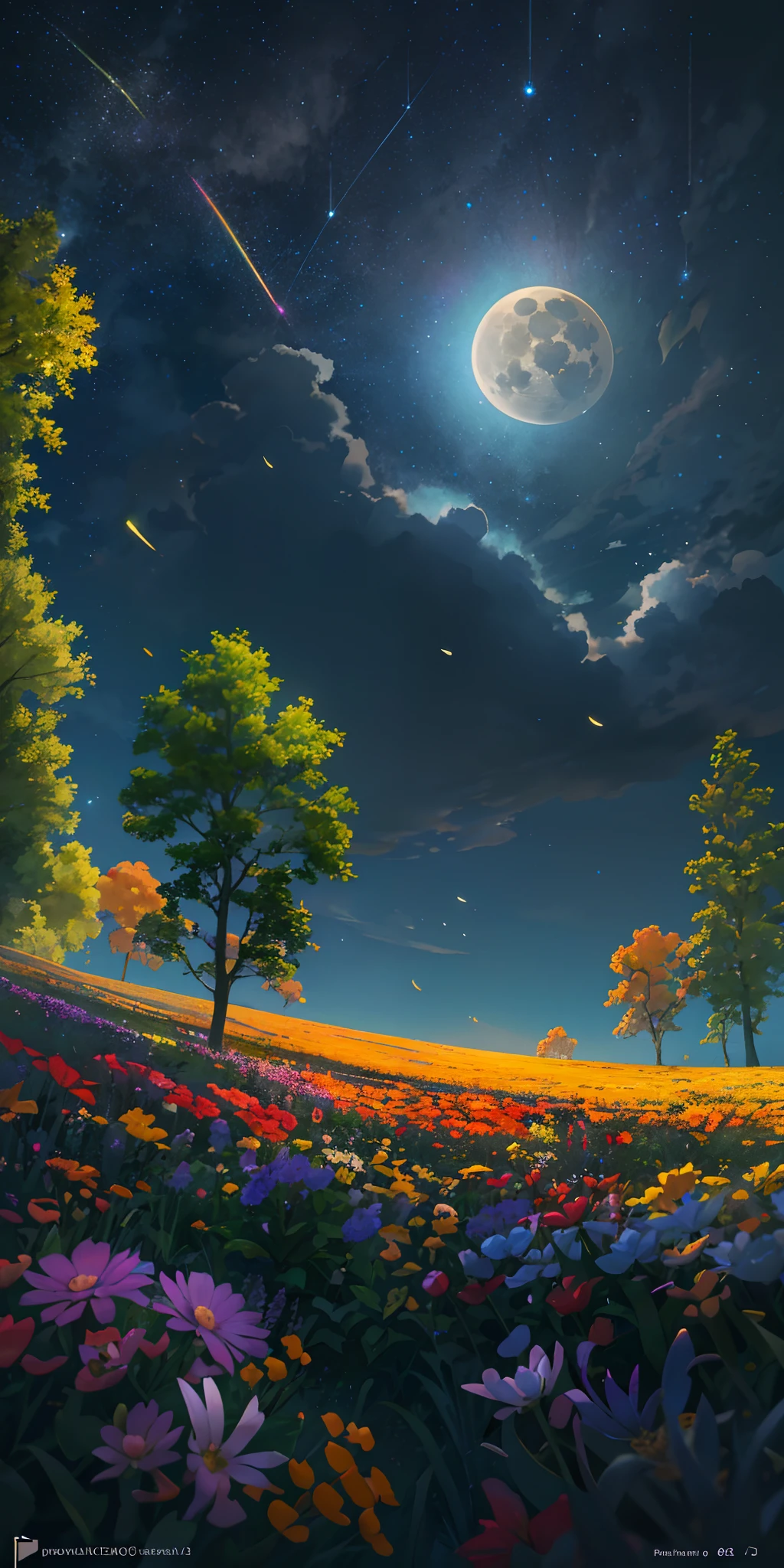 Vast landscape photo, (viewed from below, the sky is above and the open field is below), a girl standing on a flower field looking up, (full moon: 1.2), (meteor: 0.9), (nebula: 1.3), distant mountains , Trees BREAK Crafting Art, (Warm Light: 1.2), (Fireflies: 1.2), Lights, Lots of Purple and Orange, Intricate Details, Volumetric Lighting, Realism BREAK (Masterpiece: 1.2), (Best Quality), 4k, Ultra-Detailed, (Dynamic Composition: 1.4), Very Detailed, Colorful Details, (Rainbow Colors: 1.2), (Glow Lighting, Atmospheric Lighting), Dreamy, Magical, (Solo: 1.2)