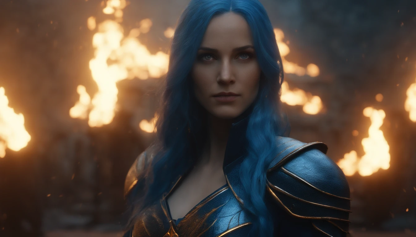 Front view, A girl with long blue hair, blue eyes, dark blue clothes. with lightning and fire Powers. Knight. ( 1:1, octane render, hyper-detailed, 3D render, cinematic render, HDR, UHD, 4K)