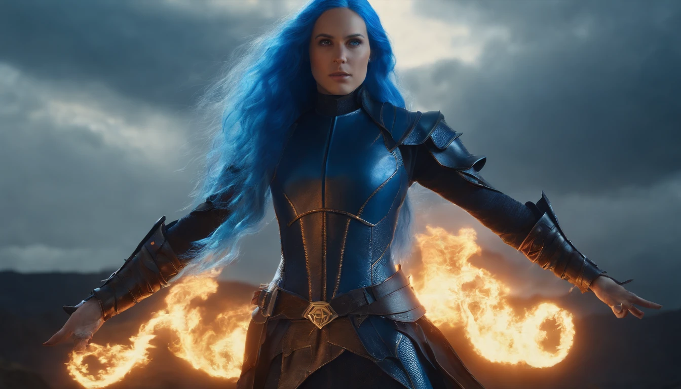 Front view, A girl with long blue hair, blue eyes, dark blue clothes. with lightning and fire Powers. Knight. ( 1:1, octane render, hyper-detailed, 3D render, cinematic render, HDR, UHD, 4K)