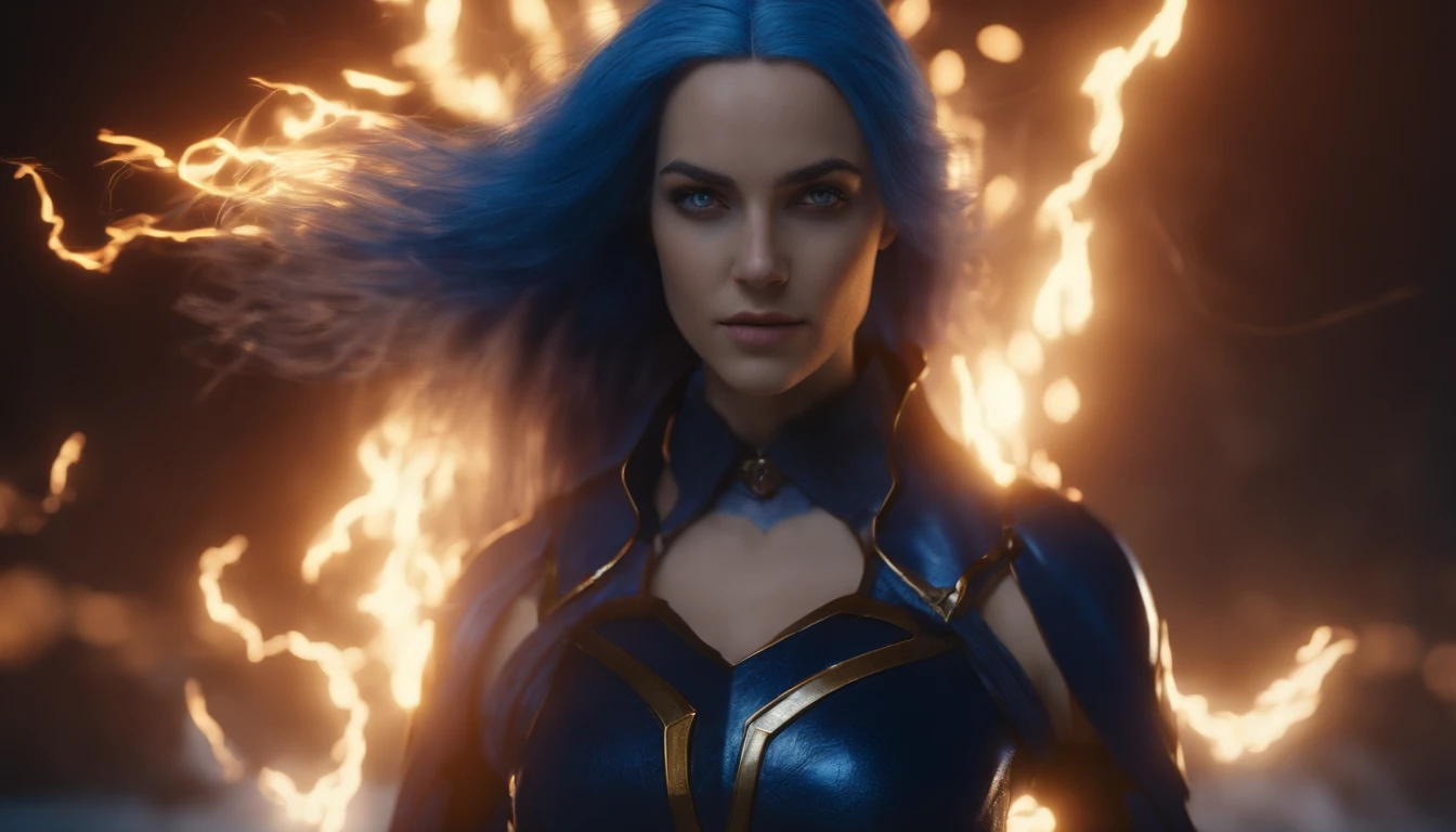 Front view, A girl with long blue hair, blue eyes, dark blue clothes. with lightning and fire Powers. Knight. ( 1:1, octane render, hyper-detailed, 3D render, cinematic render, HDR, UHD, 4K)