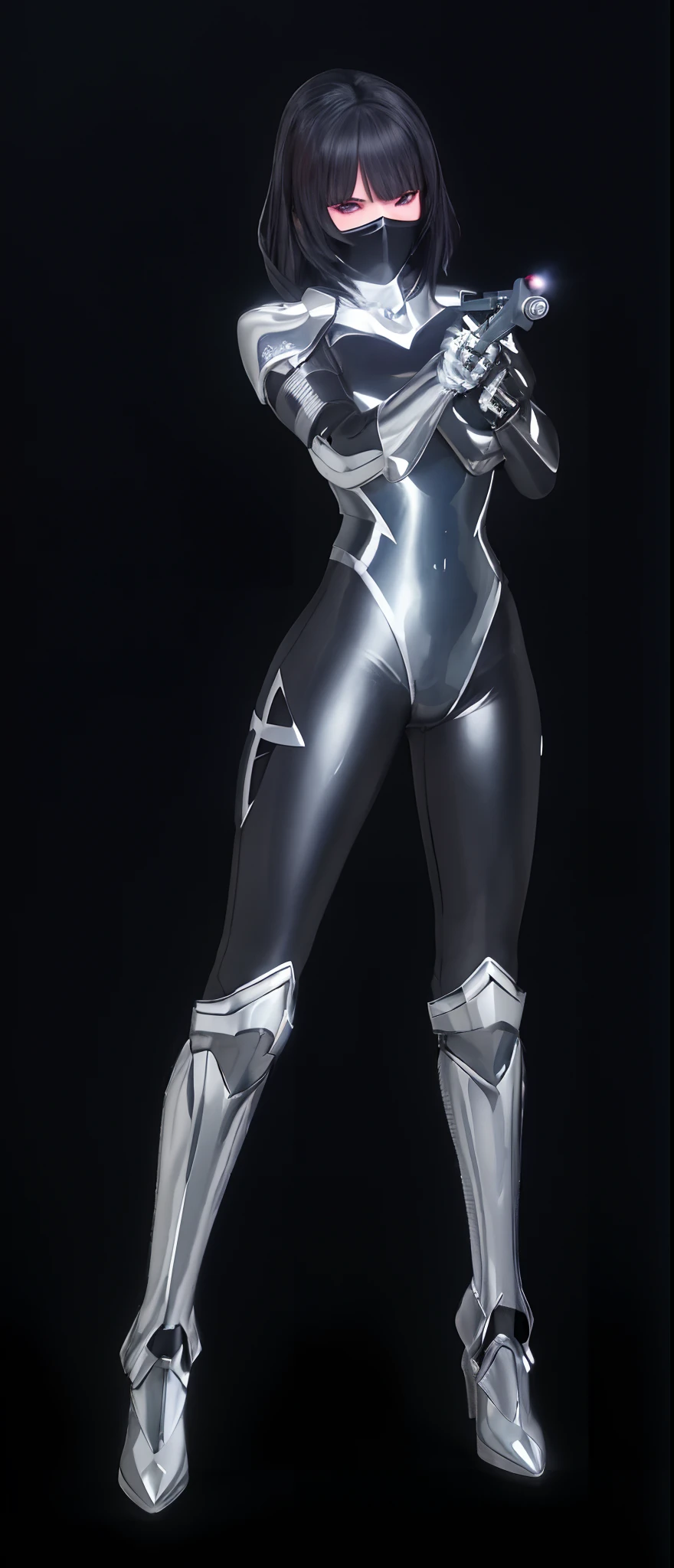 a close up of a woman in a shiny suit holding a gun, sleek silver armor, skintight silver armor, with sleek silver armor, silver eyes full body, covered in full silver armor, silver armor, detailed sleek silver armor, elegant smooth silver armor, glossy white armor, smooth silver armor, sliver ice color reflected armor, with sleek silver metal armor
