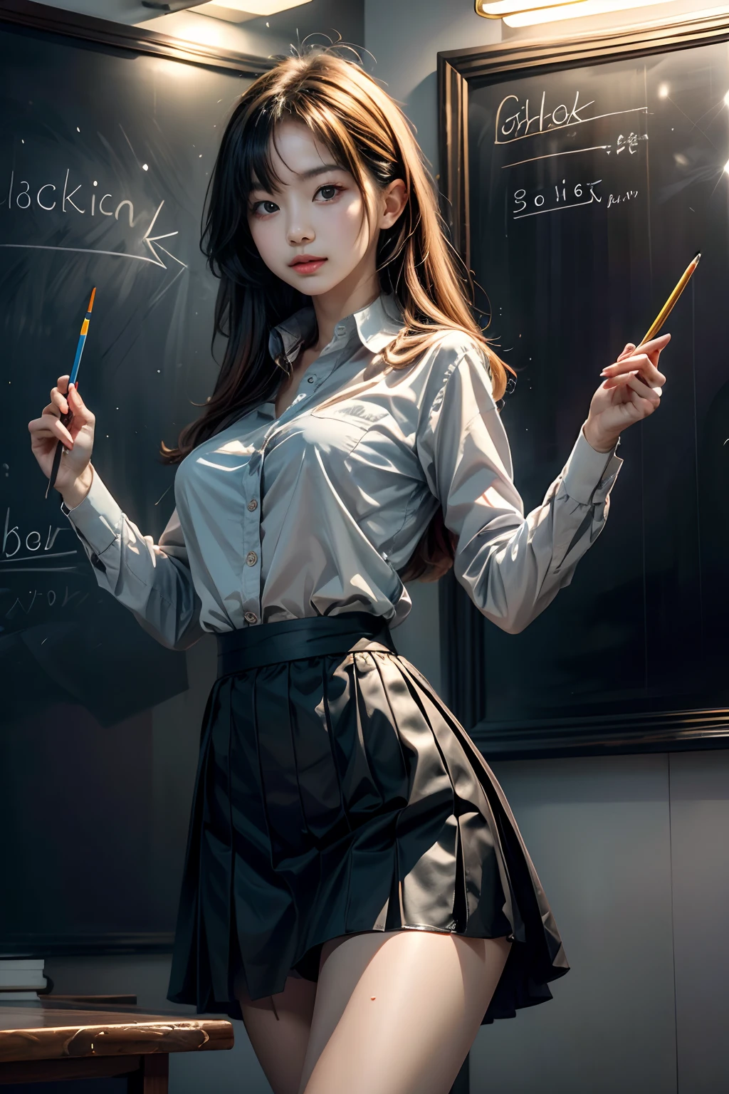 a woman in a skirt and shirt posing in front of a chalkboard with a pencil in her hand, sakimi chan, a colorized photo, quito school,