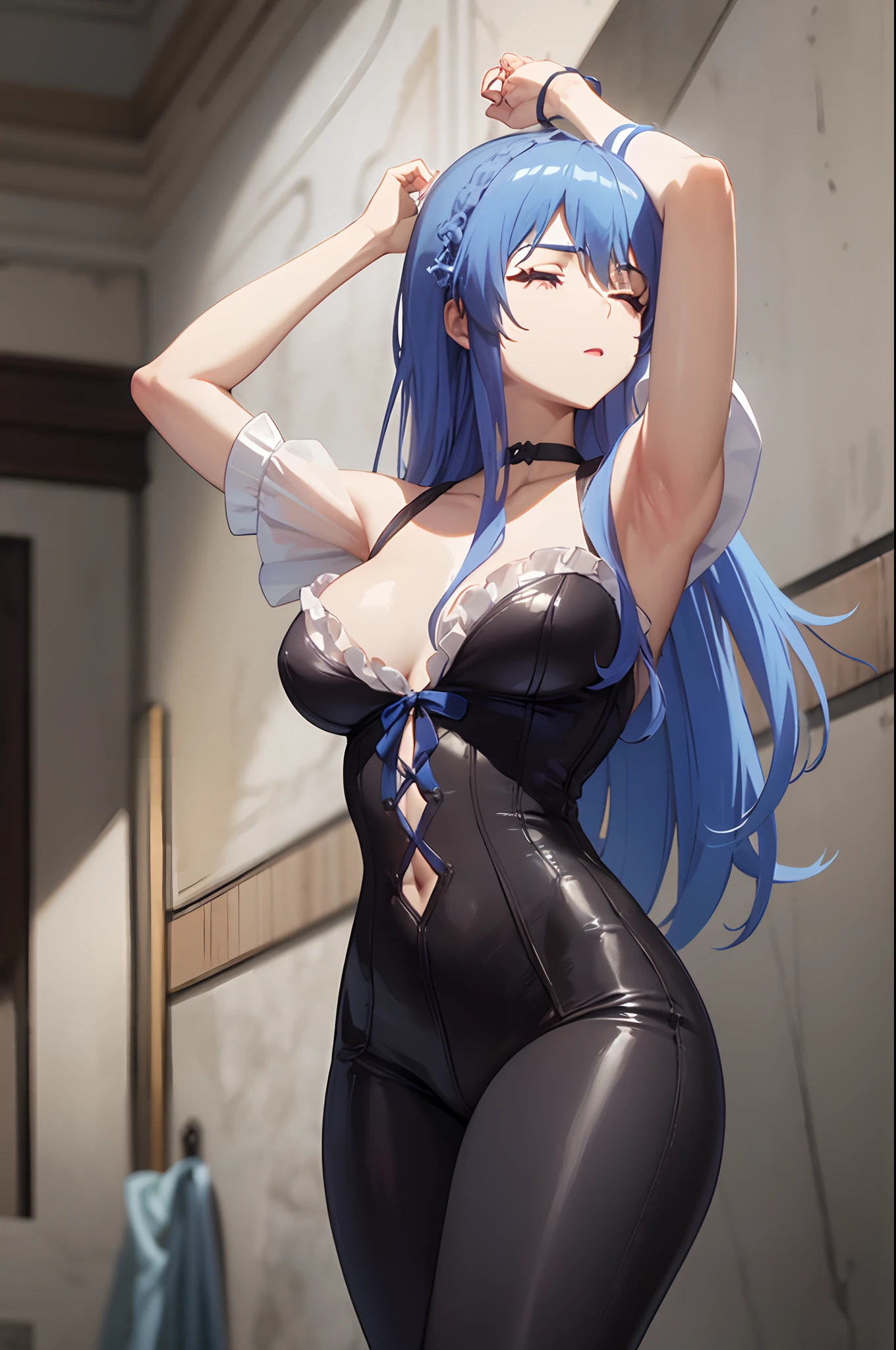 blue hair(absurdres, highres, ultra detailed, masterpiece, best quality), (detailed background), (beautiful detailed face), high contrast, (best illumination, an extremely delicate and beautiful), ((cinematic light)), dramatic light, hyper detail, intricate details, BREAK (1girl, woman, solo, closed eyes, embarrassed, sexy, gorgeous, elegant, (nsfw:1.2, nude), medium breasts, (bdsm, bondage:1.2), arms up), BREAK (long ponytail hair,, long hair, straight hair, , dark lips, makeup, puffy lips, parted lips), BREAK standing, tied with leather straps, tied to pole, pants pull, shirt lift, latex, torn clothes, choker, BREAK looking away, cowboy shot, BREAK indoors, concrete wall, dark room, cage, wooden floor, dark room,