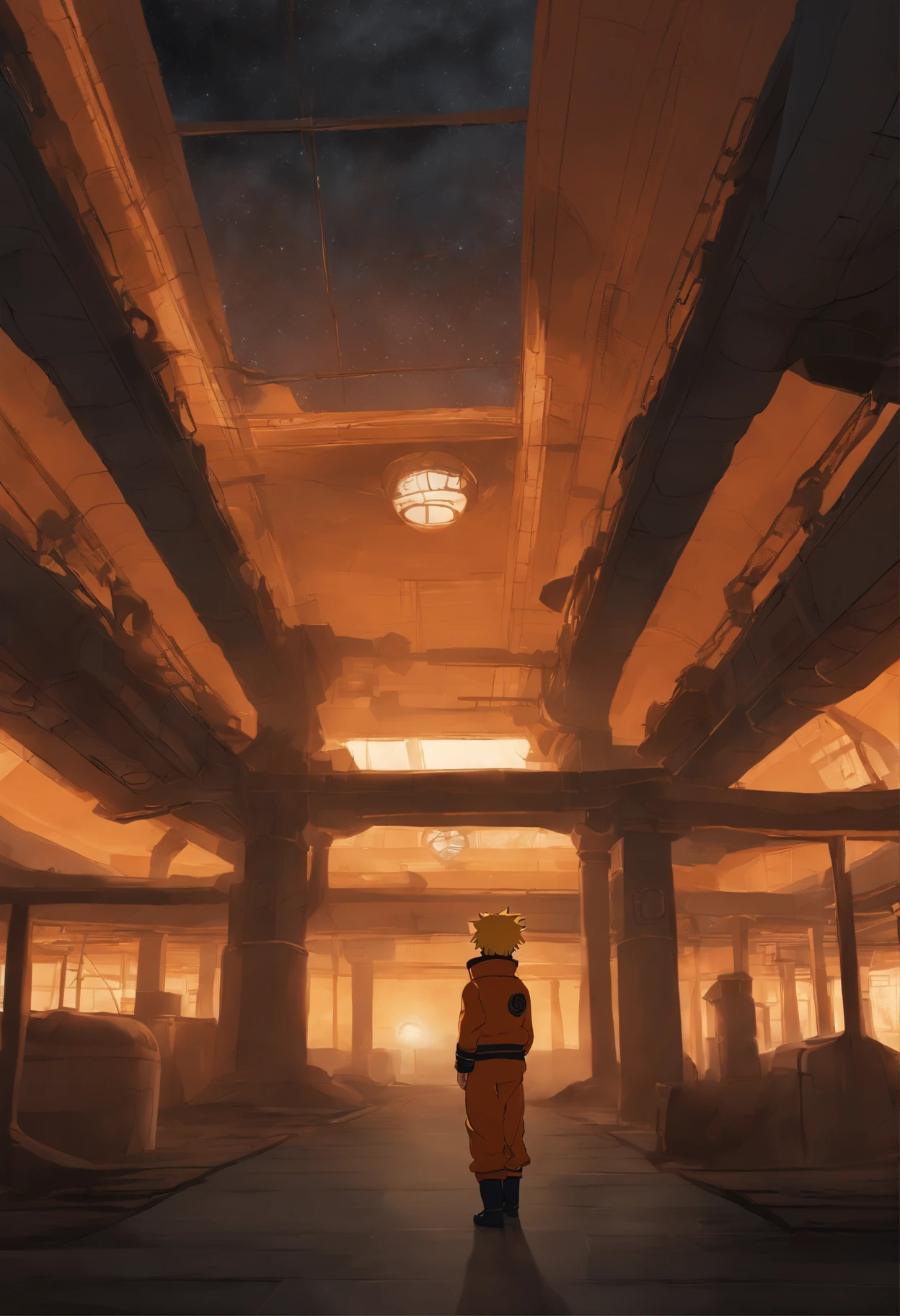 (best-quality:0.8), (best-quality:0.8), perfect anime illustration, A cinematic scene unfolds in an underground base. The dimly lit room is filled with an air of anticipation. In the center of the frame stands Naruto Uzumaki, the iconic hero of the Naruto series. He is dressed in his vibrant orange gi, symbolizing his fiery determination. Naruto's cheerful smile lights up his face as he directly looks towards the camera, inviting the viewer into his world. The atmosphere is tinged with mystery and excitement. The walls of the underground base are adorned with technological elements, hinting at the advanced nature of the hidden facility. The composition of the scene highlights Naruto as the focal point, capturing his vibrant personality and unwavering spirit. The background is meticulously crafted, with subtle details that add depth to the image. Shadows dance on the walls, casting an intriguing ambiance. The contrasting colors of the underground base, a blend of cool blues and deep grays, create a moody atmosphere. The image is captured from a low camera perspective, adding to the dramatic effect, anime, novel cover