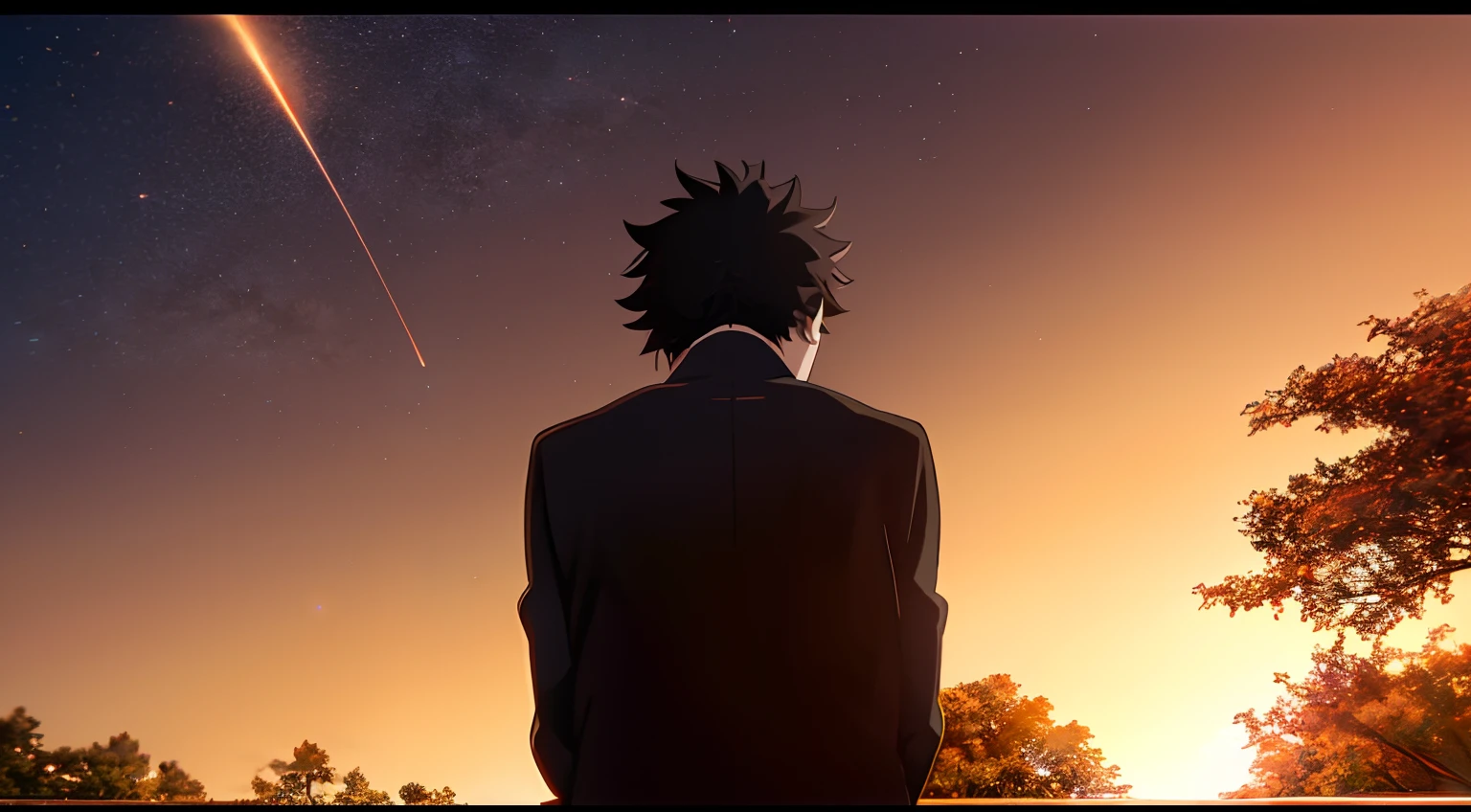 koe no katachi, shoya ishida, 1person, watching sunset, dark sunset, very dark sunset, cinematic, dramatic, epic, trees, shooting star, flying leaf,