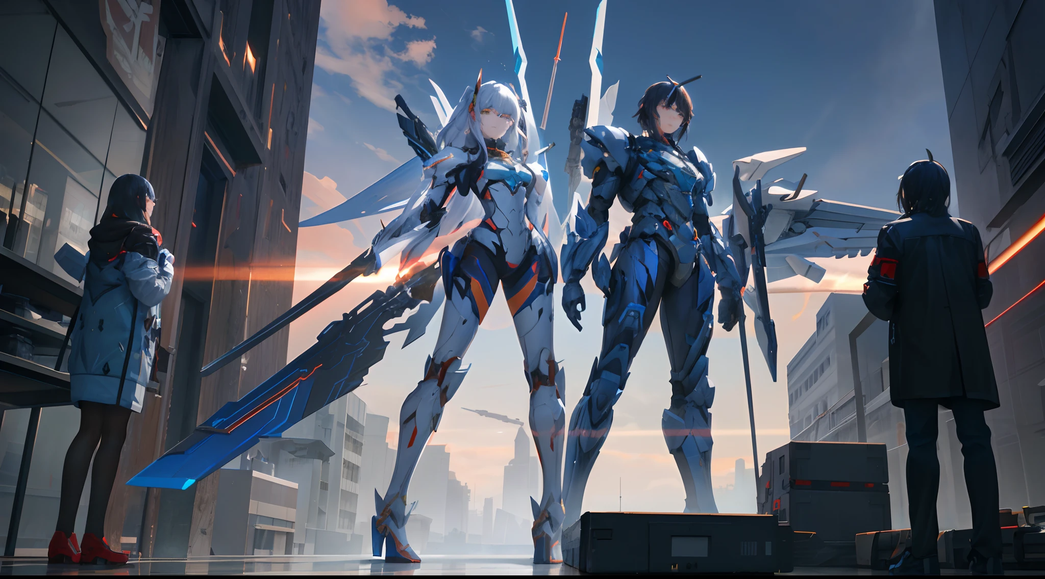 Several people stood side by side in front of a building, cgsociety and fenghua zhong, Mecha wings, devianart and cgsociety, [ trending on CGSociety ]!!, author：Jeremy Chang, ethereal and mecha theme, girl in mecha cyber armor, 2. 5 D CGI anime fantasy artwork, high definition cgsociety --auto