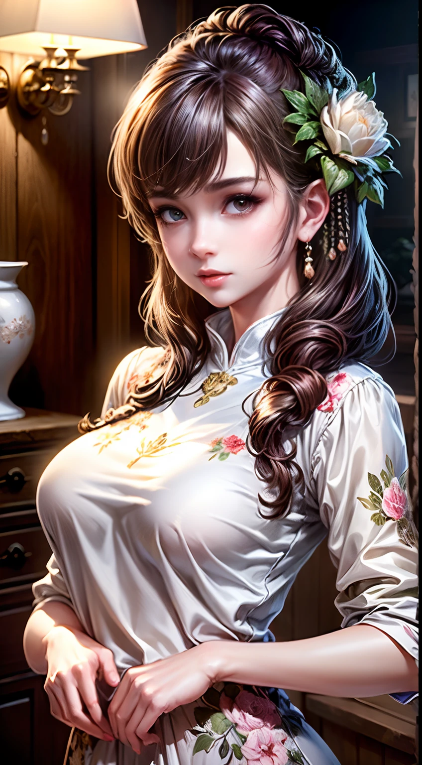 (Best quality, Masterpiece, Extremely detailed CG, Game CG:1.5), full bodyesbian,1 girl,An extremely delicate and beautiful girl, Extremely detailed eyes and face, beautiful detailed glow,Lagasprín，on cheongsam，Medium breast, illustration, Cinematic lighting, Best shadow,(White background:1.3)