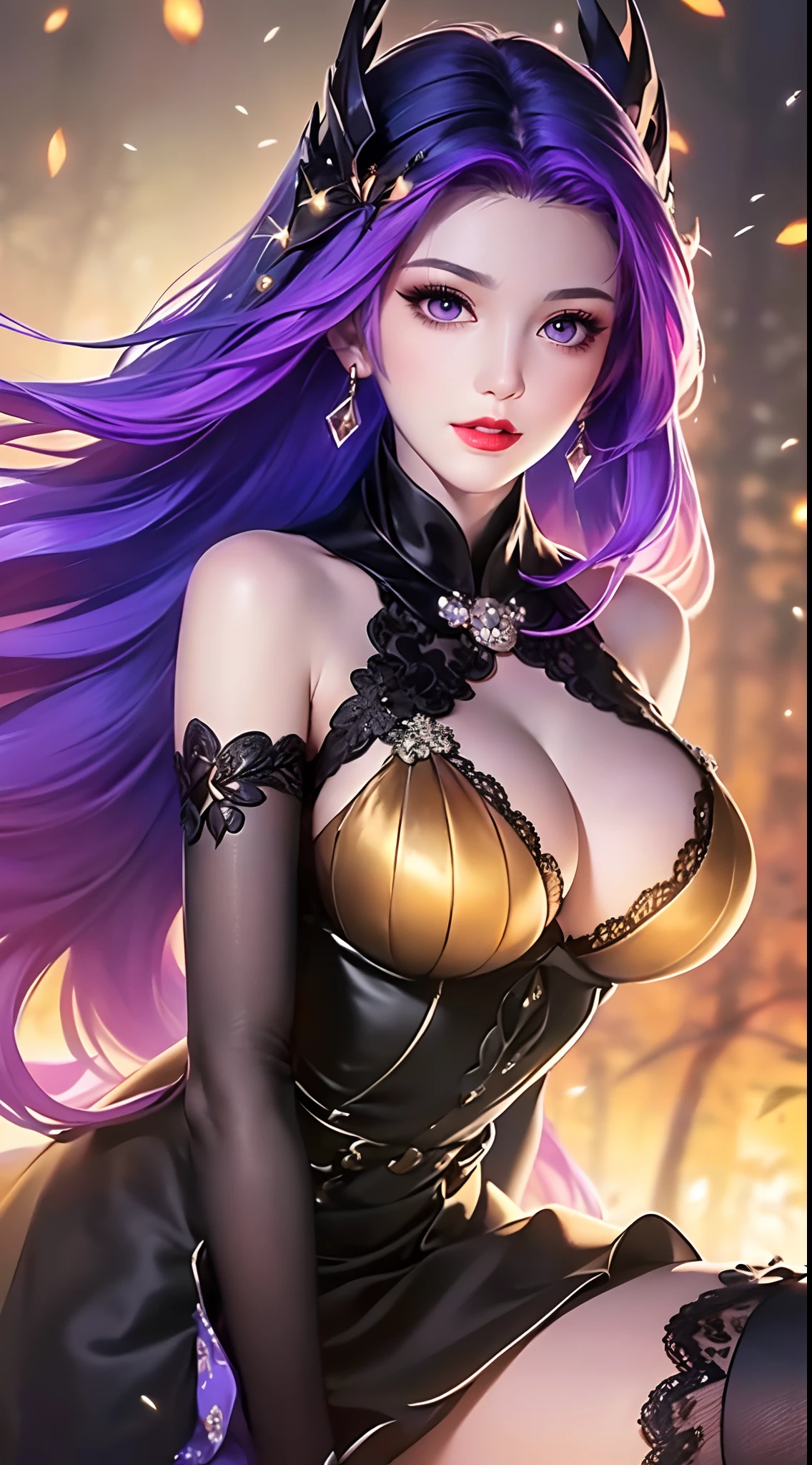 1 beautiful and sexy 20 year old girl, ((wearing a super purlpe dress:1.6)), ((a dress with diamonds:1.7)), ((long purple hair:1.6)), jewelry elaborately made from precious stones and beautiful hair, ((A thin red silk scarf covers half of the face:1.5)), (((wearing a thin light purple silk mask:1.5))), the noble, noble style of an extremely beautiful girl, her small face is super cute, her face is very pretty, thin eyebrows, flawless beautiful face, ((black eye pupils: 0.8)), very beautiful eyes, ((purple eyes: 1.6)), (((big round eyes:1.6))), nice makeup and hair detailed eyelashes, steamy eye makeup, high nose, earrings, red lips, ((closed mouth: 1.5)) beautiful lips, slim hands, most beautiful thighs, ((arms spread out to the sides: 1.5)), rosy face, flawless beautiful face, smooth white skin, (big breasts: 1.5)), ((high breasts: 1.6)), tight breasts, beautiful cleavage, (((big breasts and super round: 1.8))), ((super tight breasts: 1.7)) , beautiful breasts, perfect body, back arms, chest out, ((thin black mesh stockings with black lace trim:1.5)), ((sitting position with chest up and arms behind: 1.6)), ((open your legs:1.2)), don't be shy, 8k photo, super high quality, super realistic, super 10x pixels, optical, bright studio, bright edges, dual-tone lighting, (high-detail skin:1.2), super 8k, soft lighting, high quality, volumetric lighting, photorealistic, photorealistic high resolution, lighting, best photo, 4k, 8k quality, blur effect, smooth sharp, 10 x pixel, ((Beach at night and fireflies background:1.5)), aurora, lightning, super graphics realistic, most realistic graphics, 1 girl, alone, solo, Extremely sharp image, surreal, (((frontal portrait: 1.5)))."