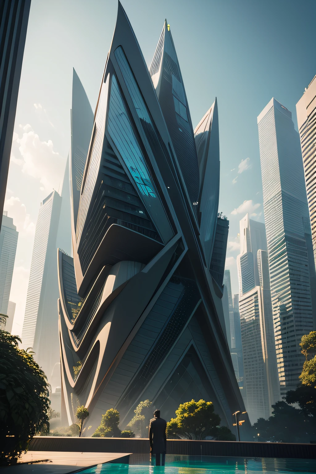 Zaha hadid architecture, Parametric deconstruction tower plants on facade, Singapore, cinematic lighting (best quality,4k,8k,highres,masterpiece:1.2),ultra-detailed,(realistic,photorealistic,photo-realistic:1.37),HDR,UHD,studio lighting,ultra-fine painting,sharp focus,physically-based rendering,extreme detail description,professional,vivid colors,bokeh,portraits,landscape,horror,anime,sci-fi,photography,concept artists,greenery,vertical garden,dynamic composition,organic shapes,steel structure,modern architecture,contemporary design,reflective surfaces,crisp lines,pristine,urban environment,skyline of Singapore,tropical climate,fantasy,otherworldly,transformation,contrast,texture,light and shadow,magical ambiance