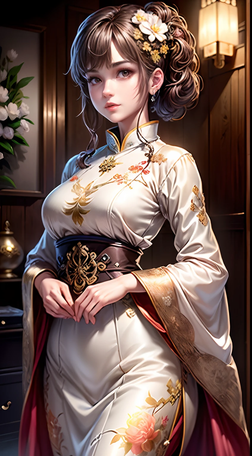 (Best quality, Masterpiece, Extremely detailed CG, Game CG:1.5), full bodyesbian,1 girl,An extremely delicate and beautiful girl, Extremely detailed eyes and face, beautiful detailed glow,Lagasprín，on cheongsam，Medium breast, illustration, Cinematic lighting, Best shadow,(White background:1.3)