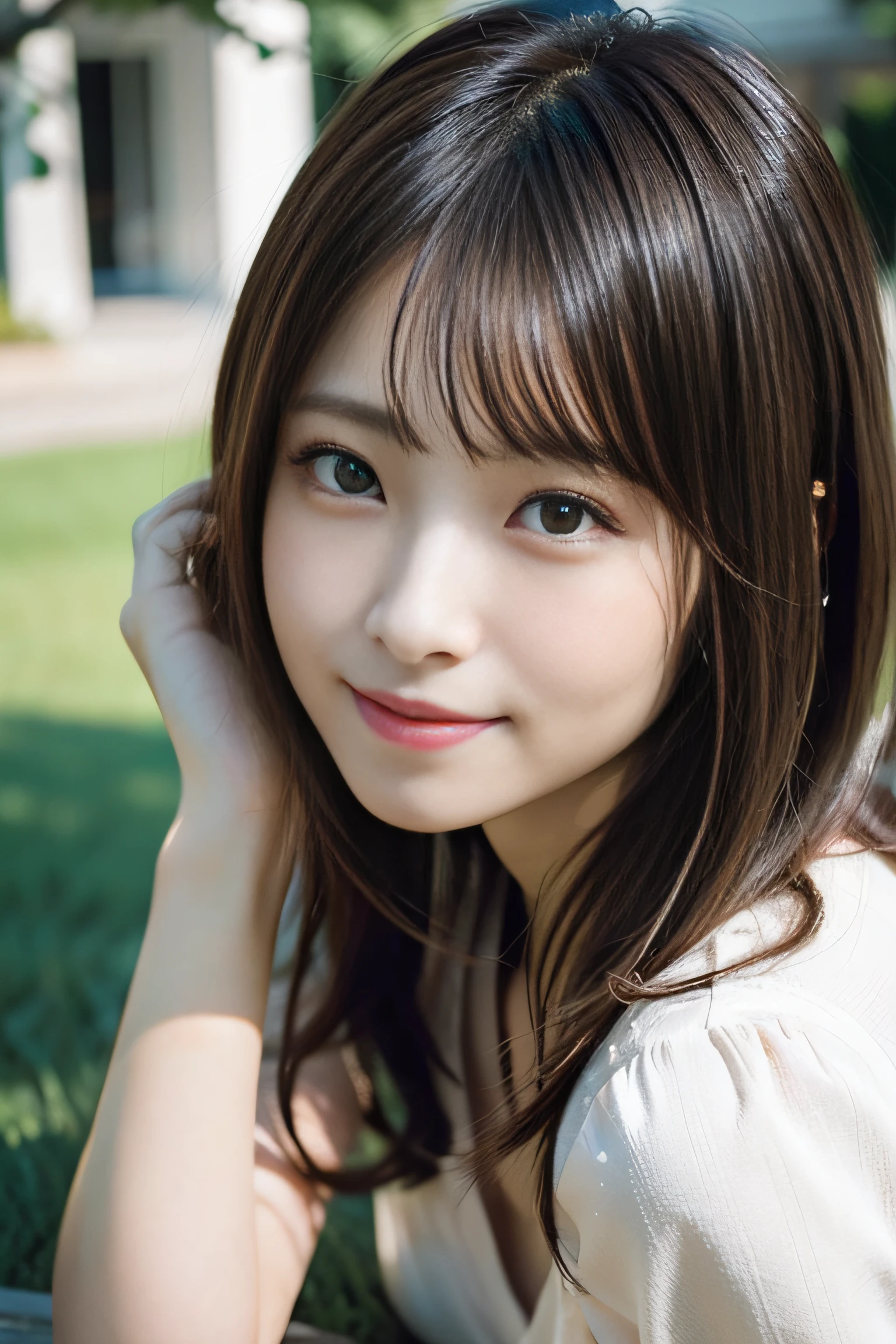 in 8K,Best Quality:1.4, 超A high resolution:1.5, (Photorealistic:1.4),​masterpiece:1.2,(top-quality:1.4)、 Raw photo、(the background is blurred), Large lawn park:1.4、On the lawn、FULL BODYSHOT:1.5、 1日本人の女の子, Cute, (Solo), (Shy smile), Smooth skin、(30-years old:1.4)、to stand、Check miniskirt、Cute mini skirt、 (Brown medium hair,Bangs), (touch hair:1.4)、nogizaka、cute little、Supple fingertips,Beautiful black eyes、natural skin textures:1.3, realistic eyes and face details:1.7、middlebreasts、gazing at viewer、gravure、beauty legs